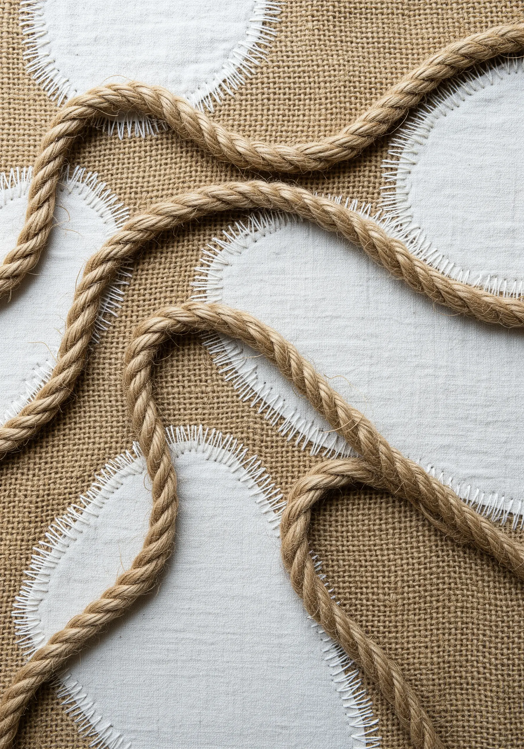 White appliqué on burlap, edged with a delicate blanket stitch and paired with thick jute rope.
