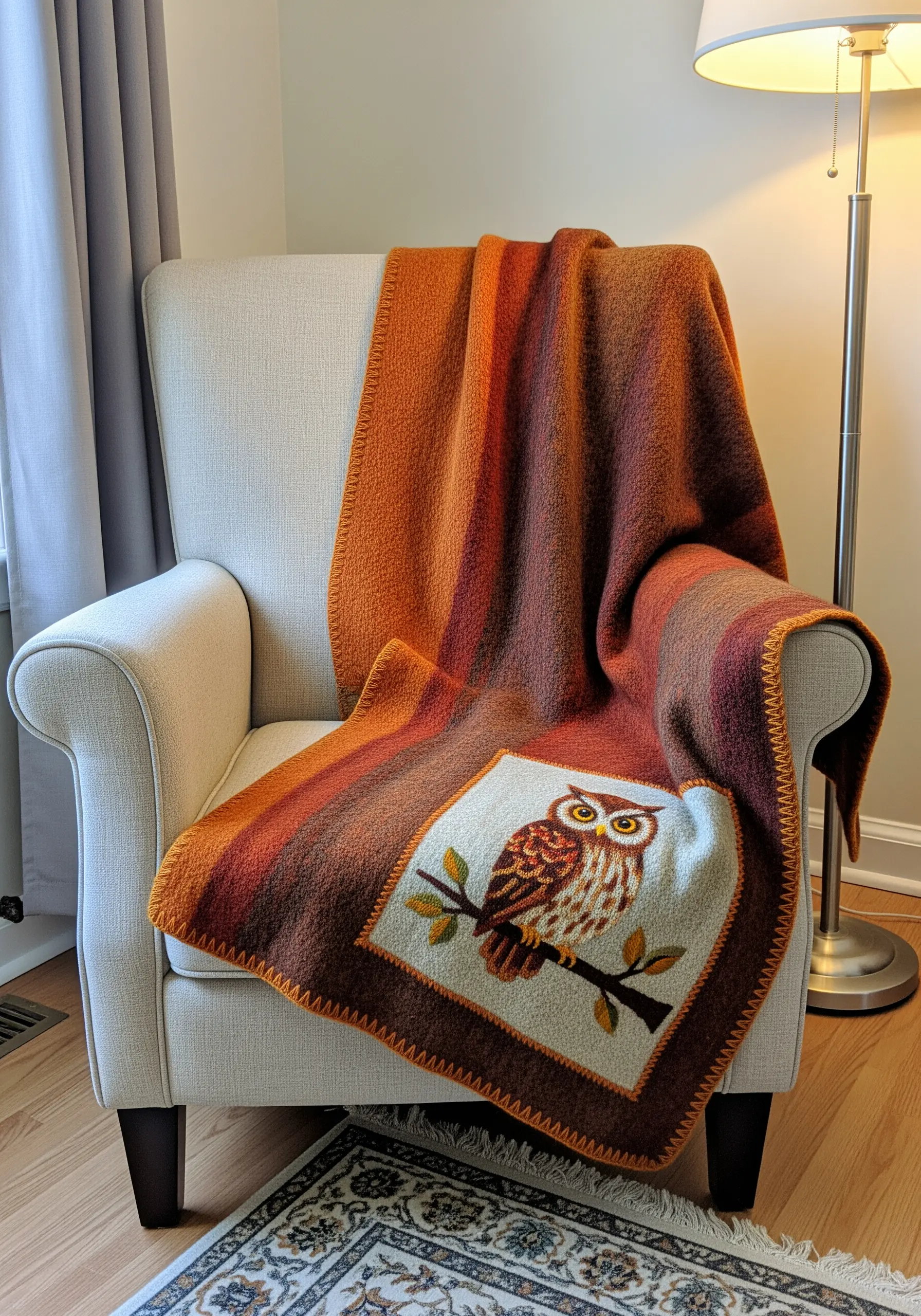 An embroidered owl patch stitched onto a striped wool throw blanket.