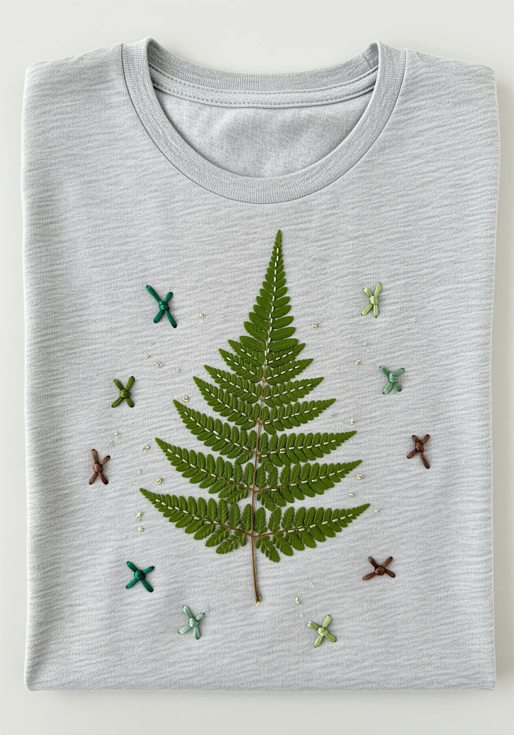 A real pressed fern attached to a grey t-shirt, accented with small, green cross-stitches.