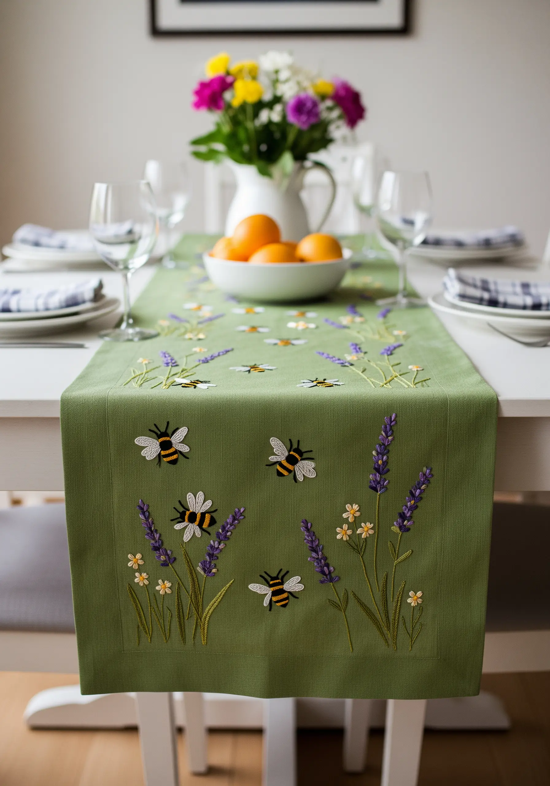 A green table runner embroidered with lavender sprigs and busy bees.