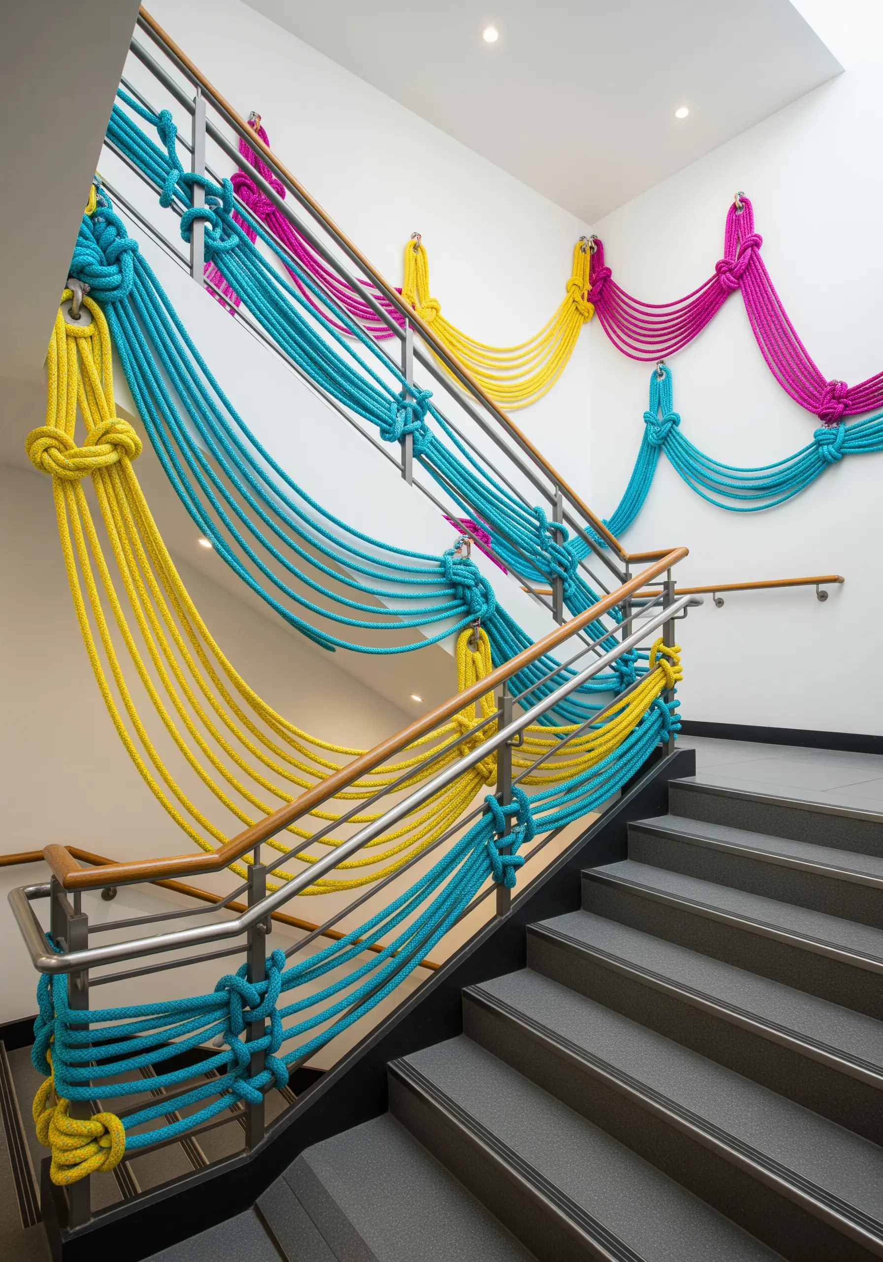 Colorful thick ropes in turquoise, yellow, and magenta are knotted along a modern staircase railing.