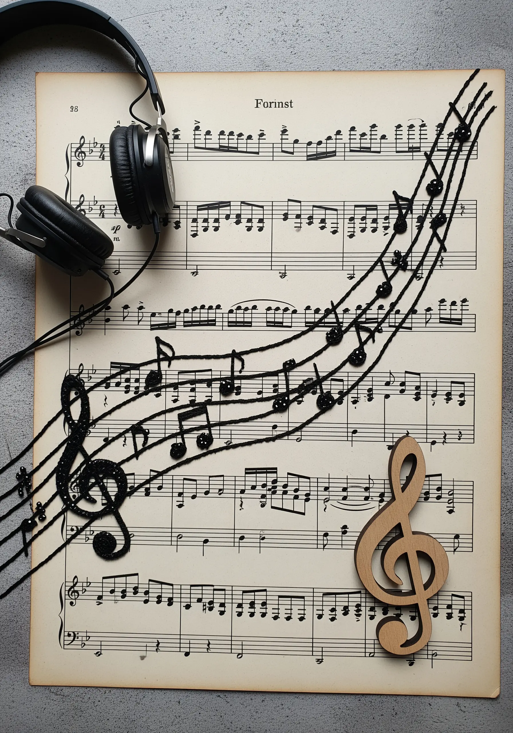 Sheet music with a flowing musical staff and notes embroidered in black thread and sequins.