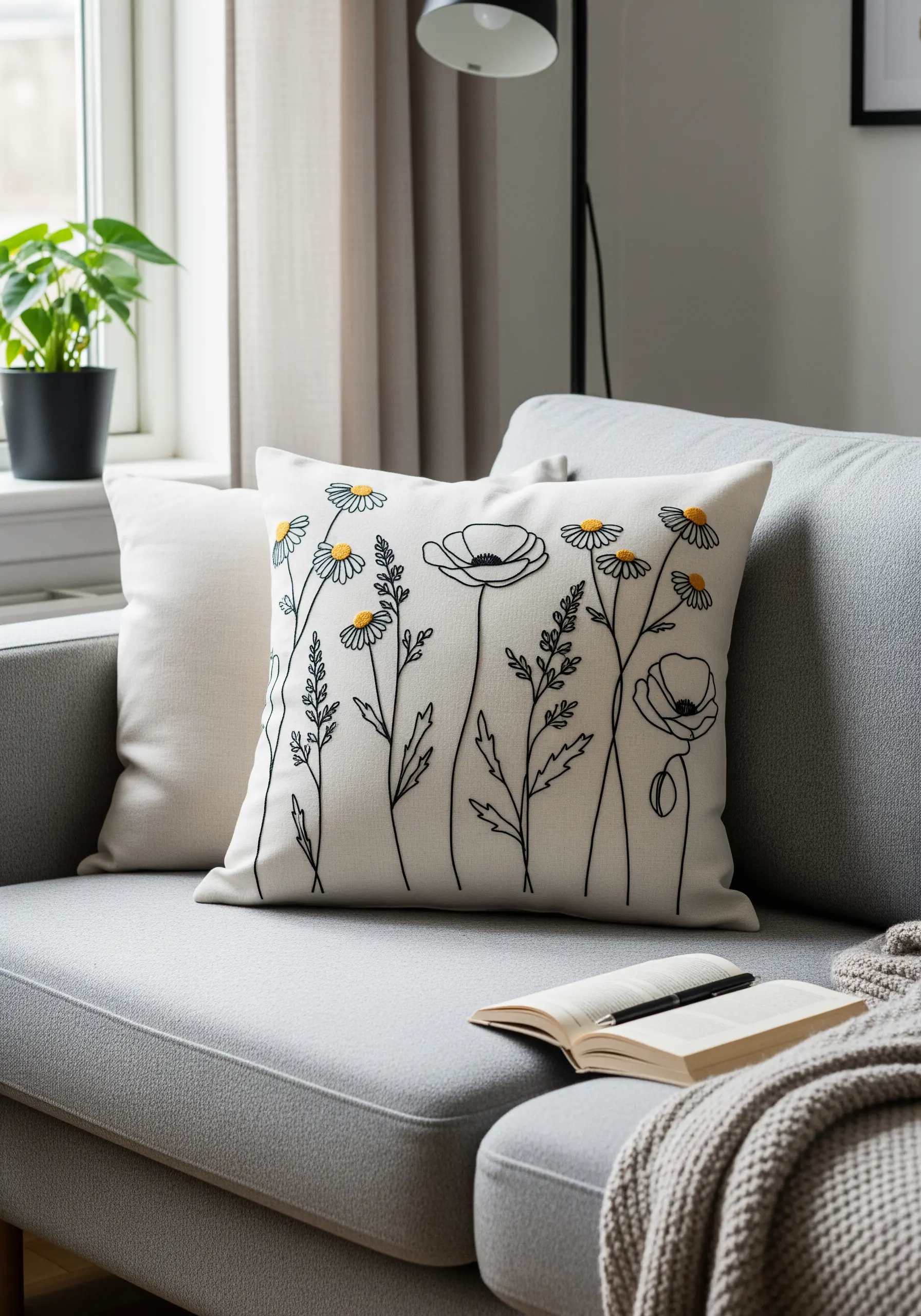 Linen pillow with black line art embroidery of poppies and daisies with yellow centers.