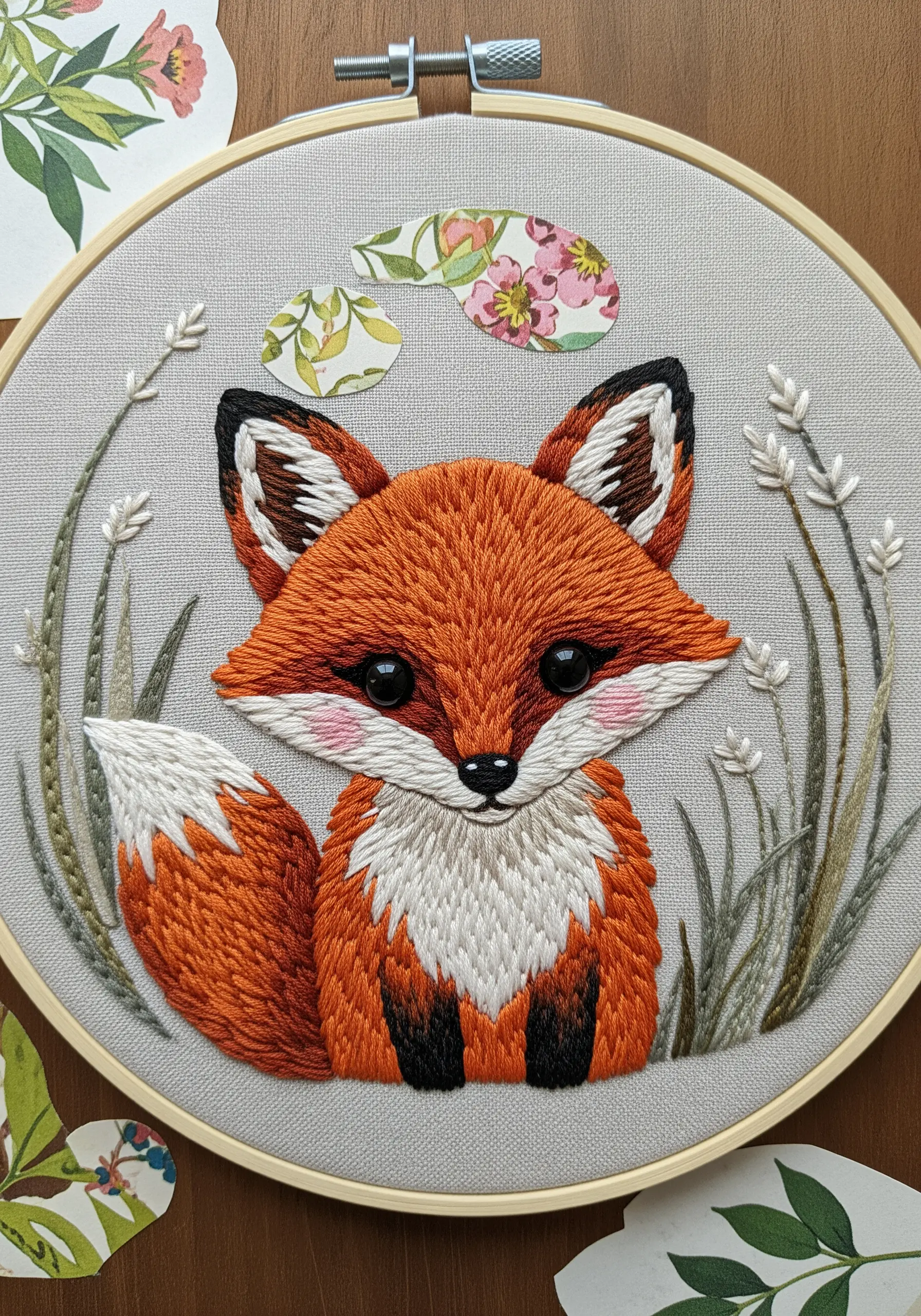 Thread-painted fox with fabric appliqué pieces for the inner ears, stitched on grey linen.