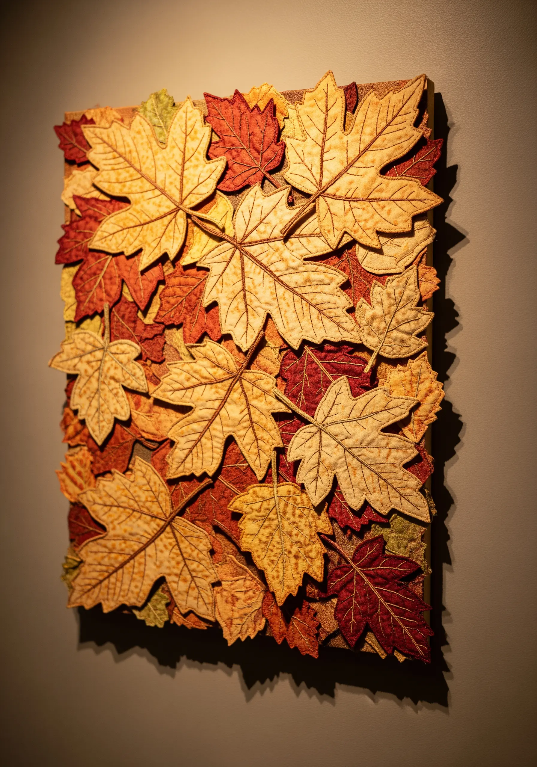 A collage of appliquéd autumn leaves in red, orange, and yellow, detailed with stitching.