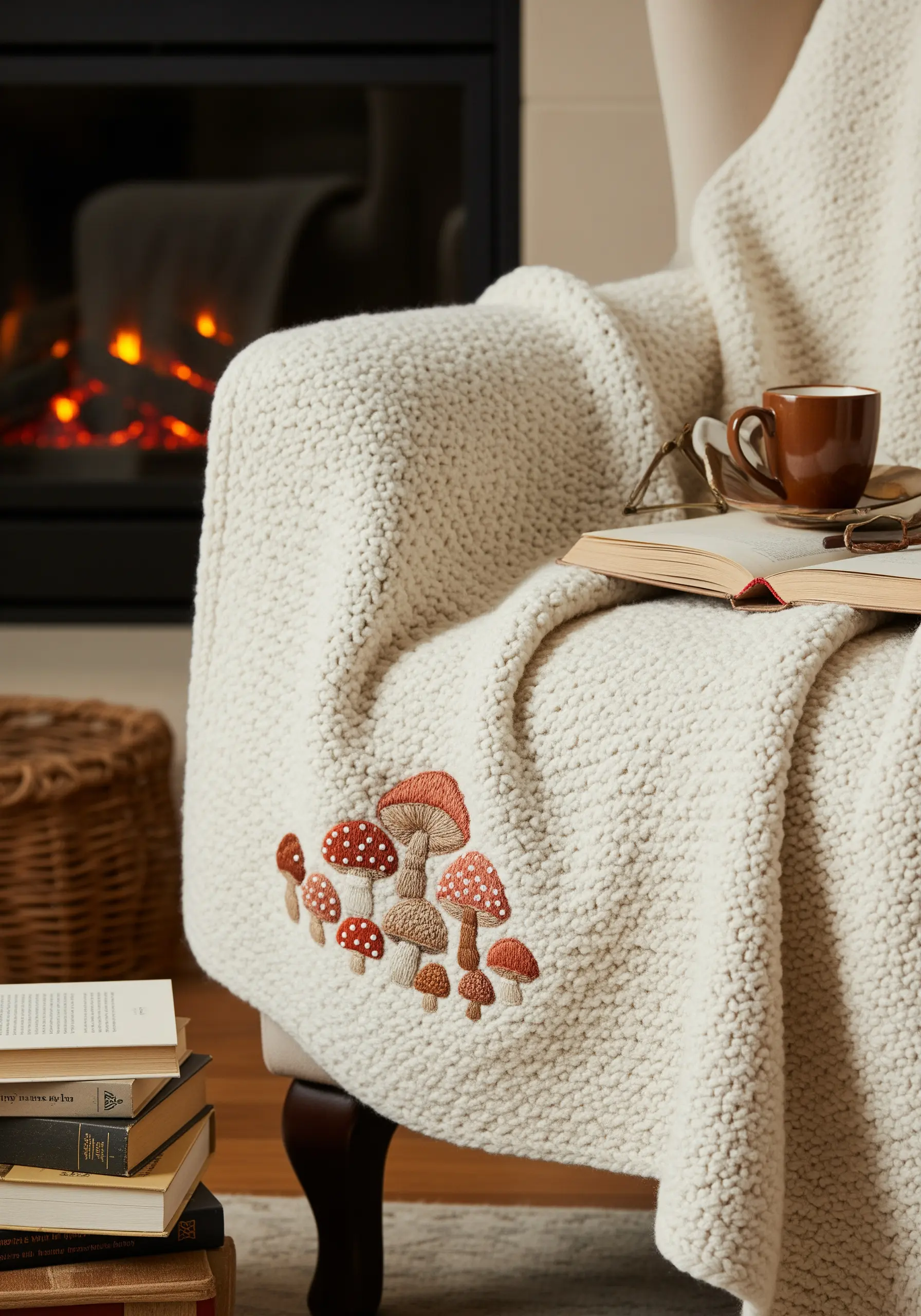 An embroidered cluster of red and brown mushrooms on a cozy, cream-colored knit throw.