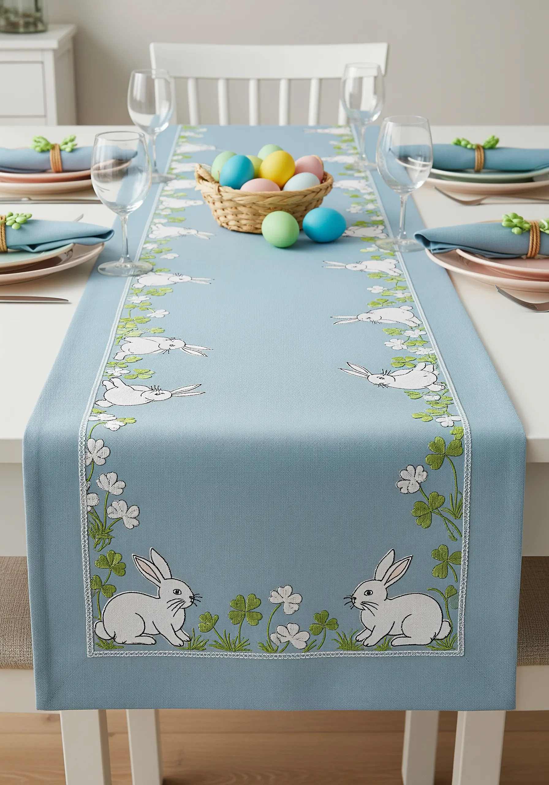 Appliqué rabbits with embroidered outlines and clover motifs on a blue table runner.
