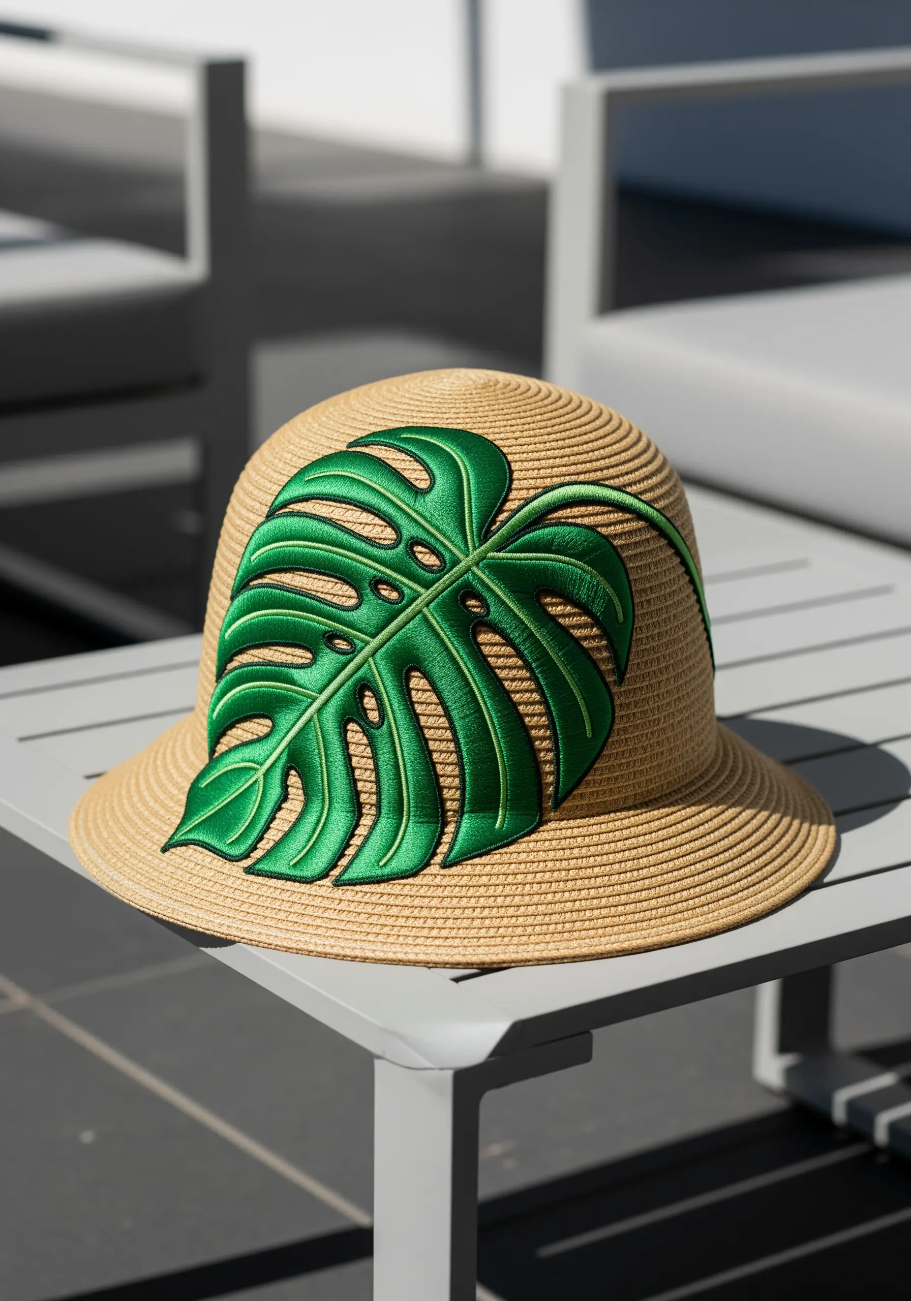 A large, appliqué-style embroidered Monstera leaf with a bold outline on a straw hat.