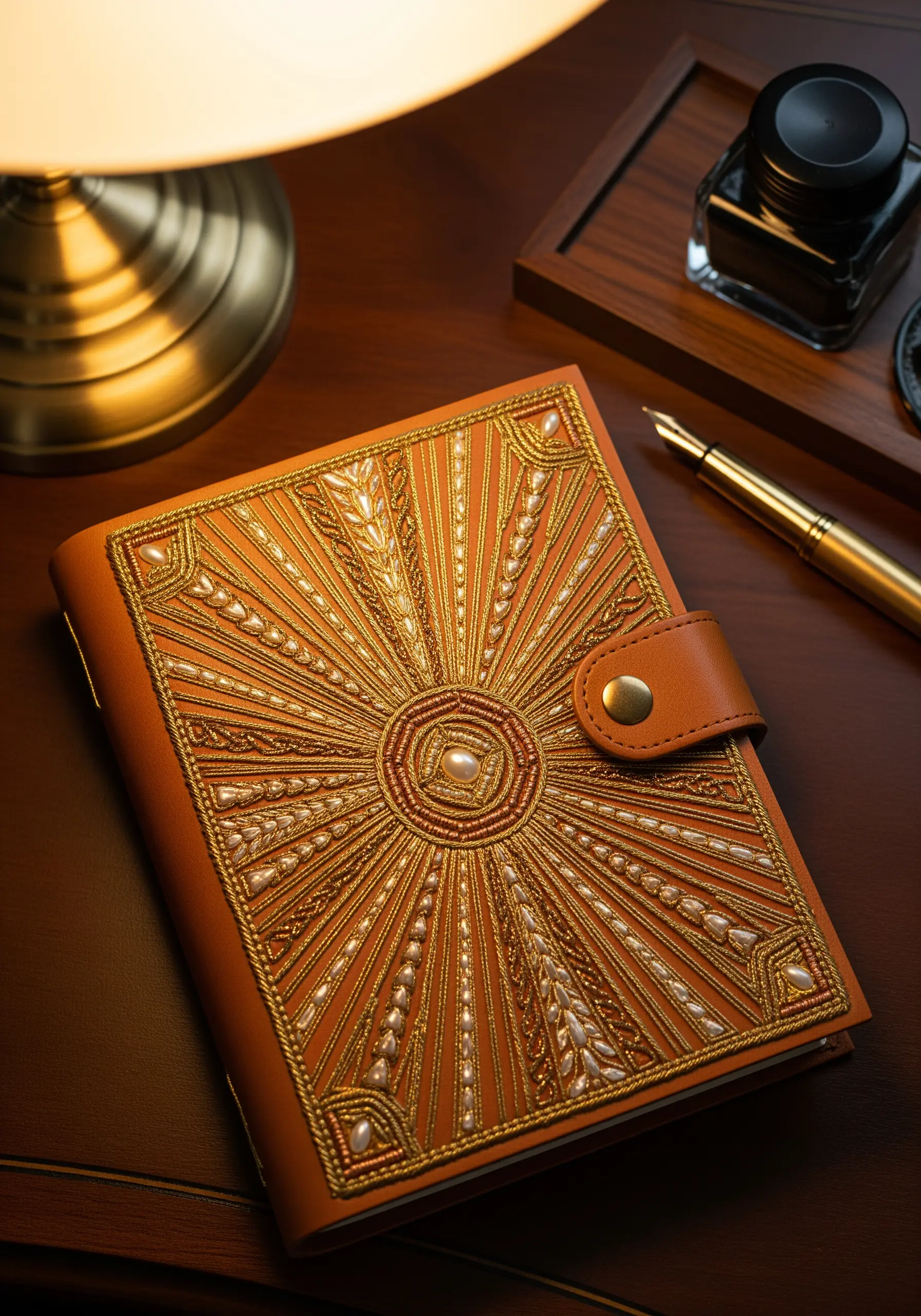 A leather journal cover intricately decorated with goldwork embroidery and small white pearls in a sunburst pattern.