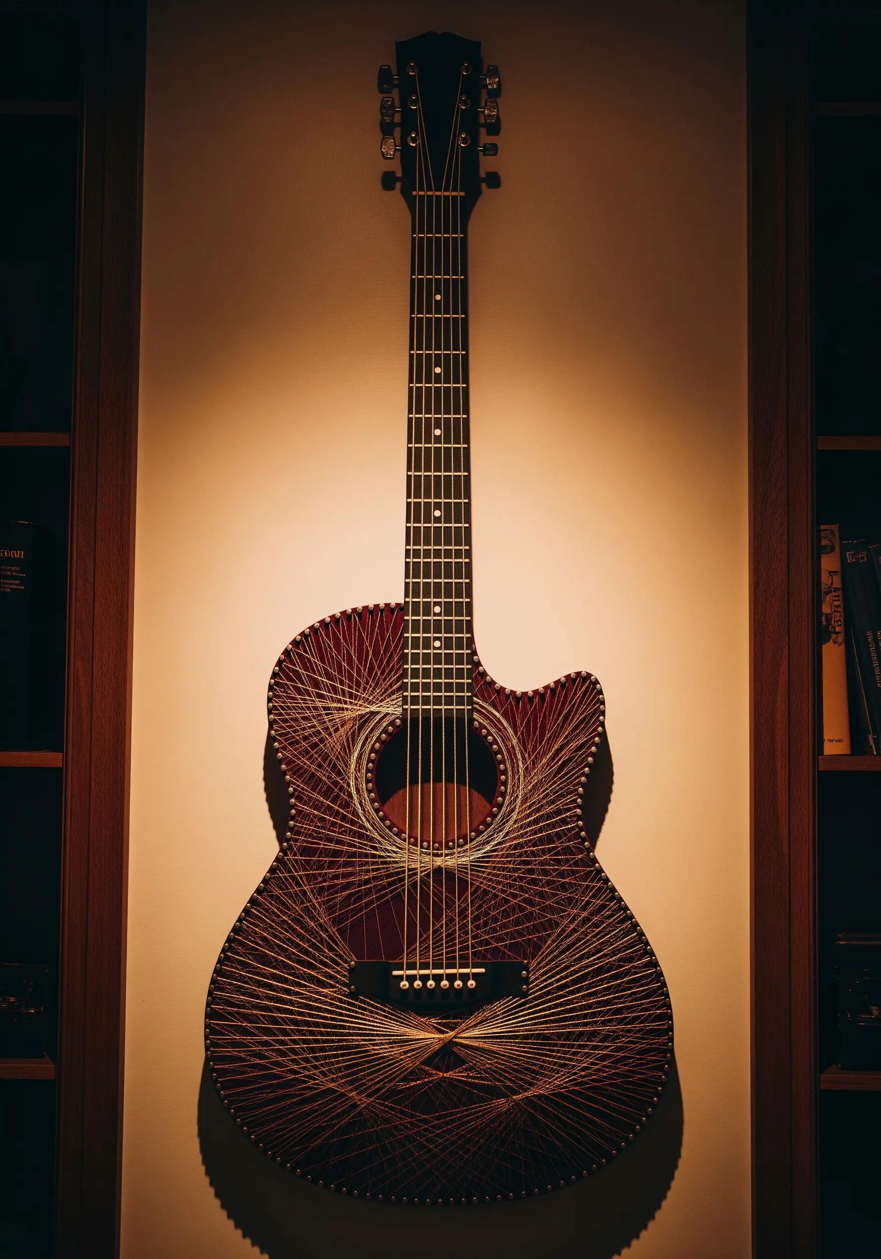 An acoustic guitar decorated with intricate string art patterns across its body