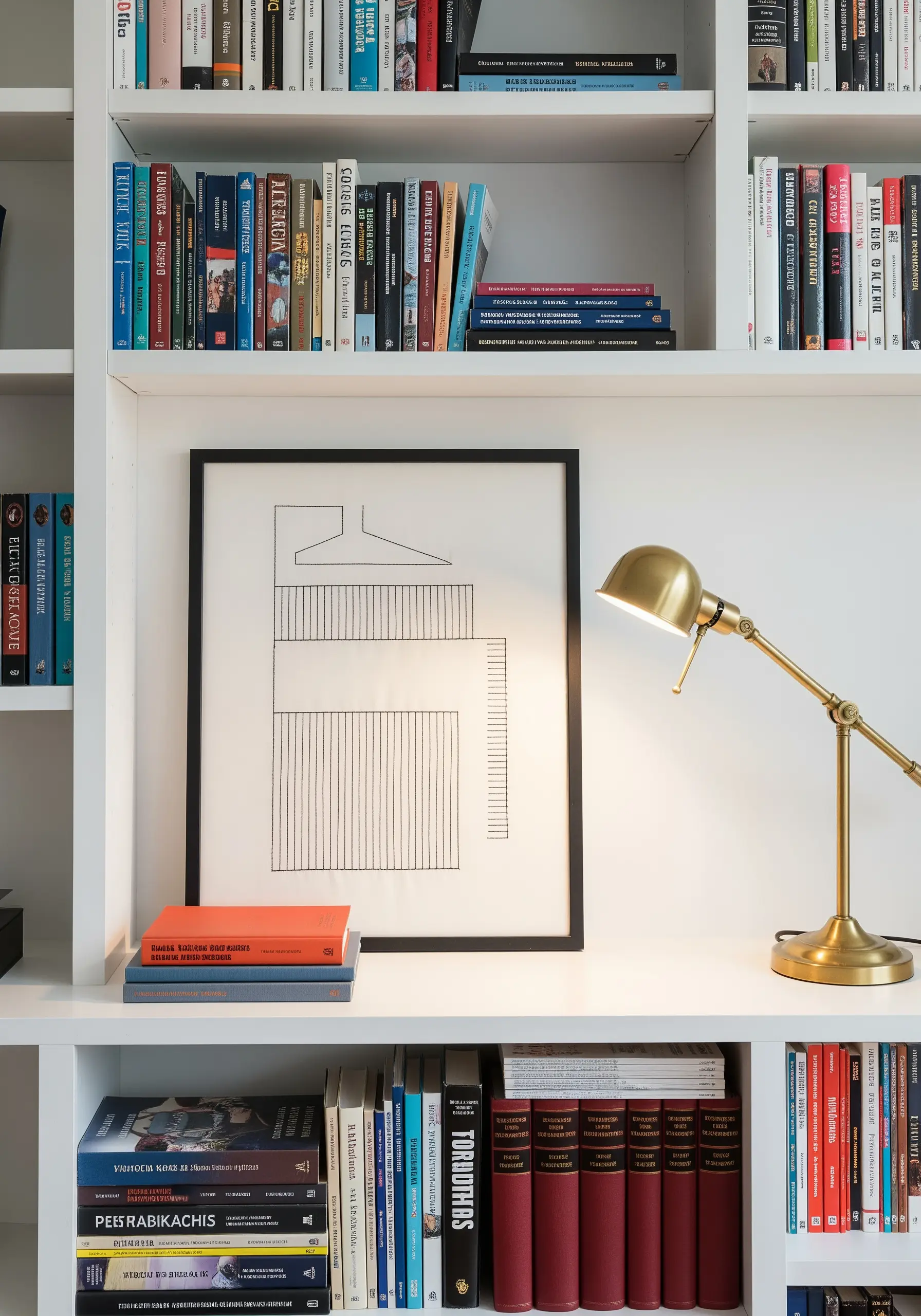 Framed black-and-white embroidery of an abstract architectural line drawing.