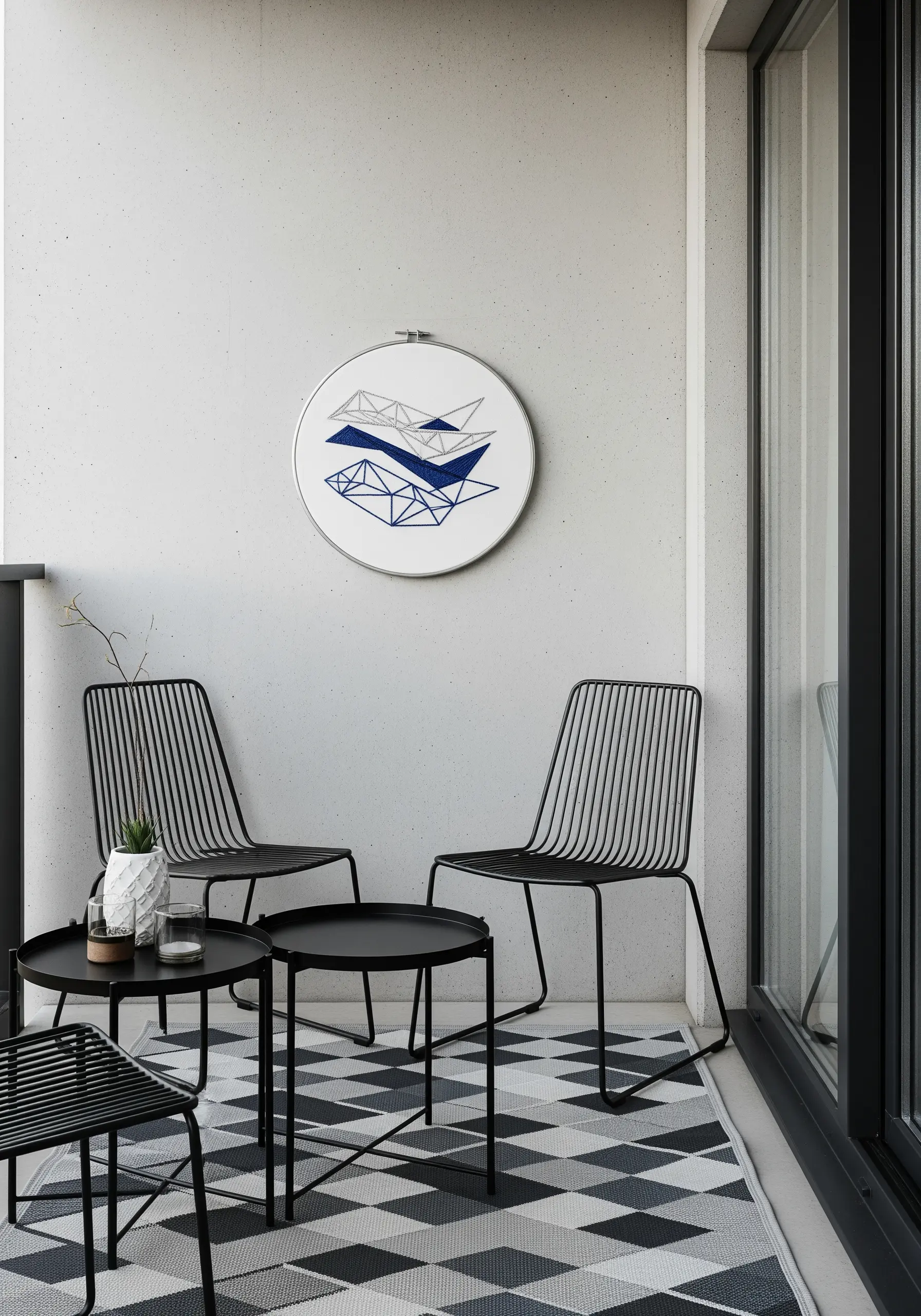 Abstract line art embroidery of a pier over geometric blue water shapes.