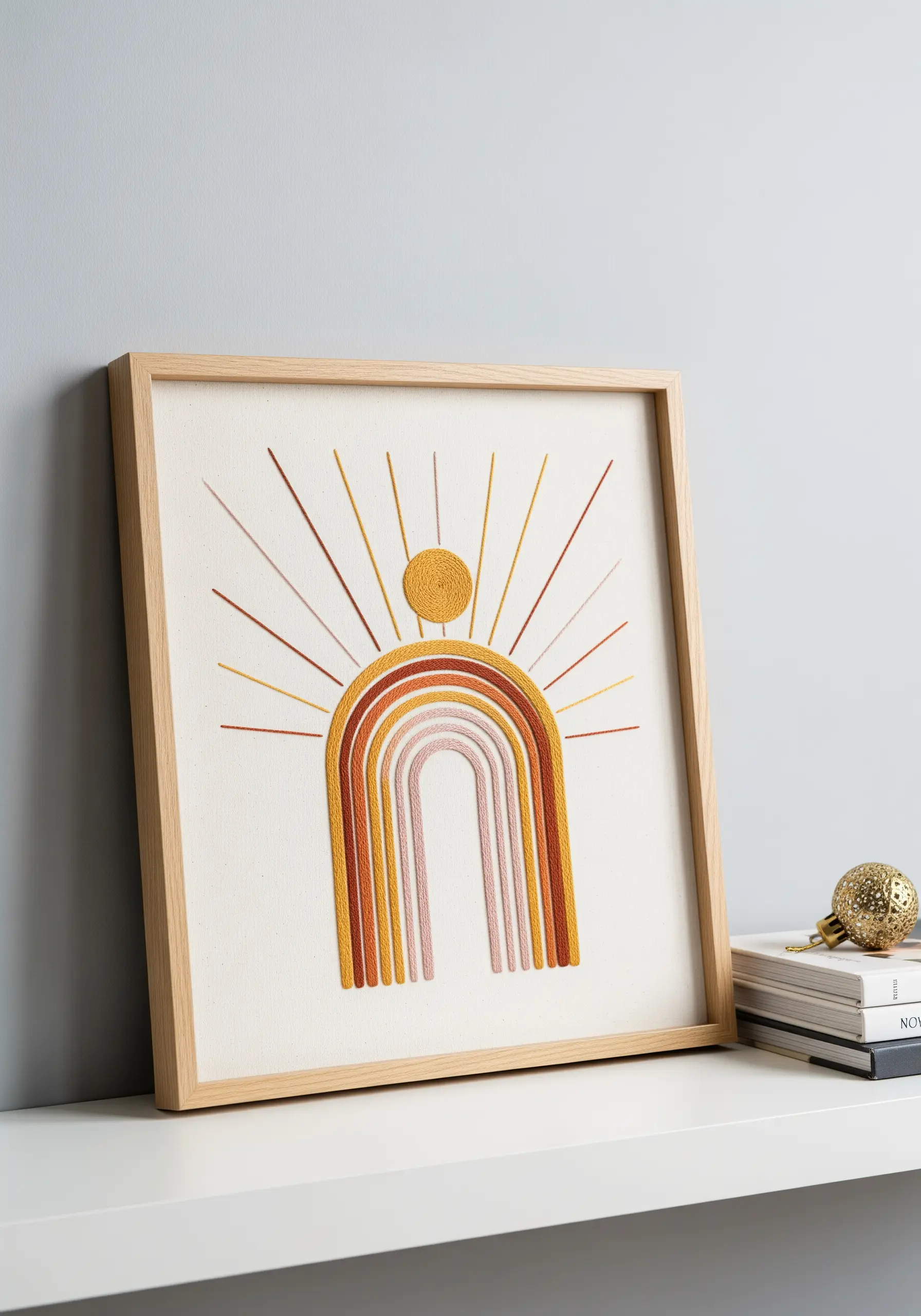 Framed embroidery of a modern rainbow and sun with textured stitches.