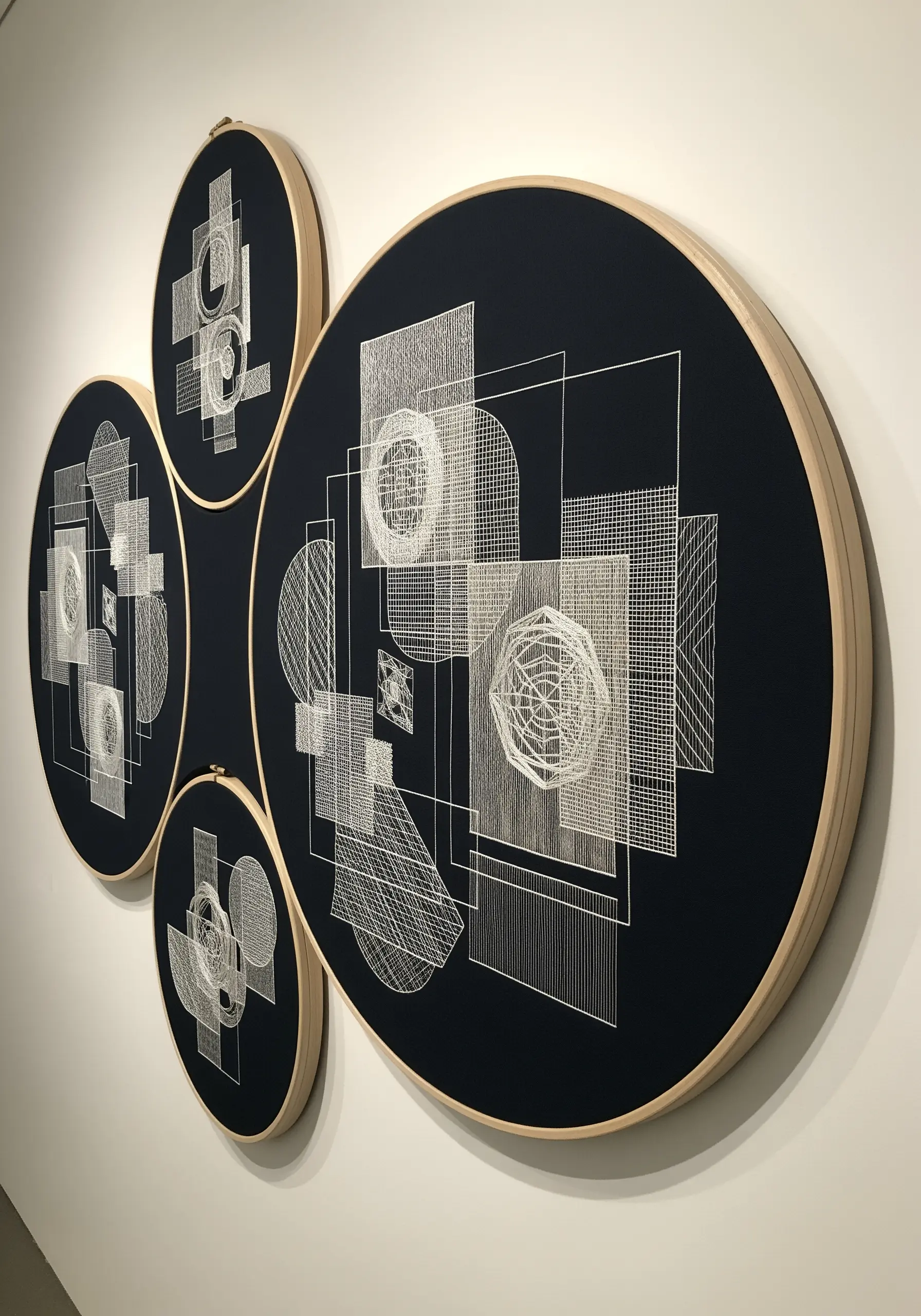 Group of embroidery hoops with white geometric line art on black fabric.