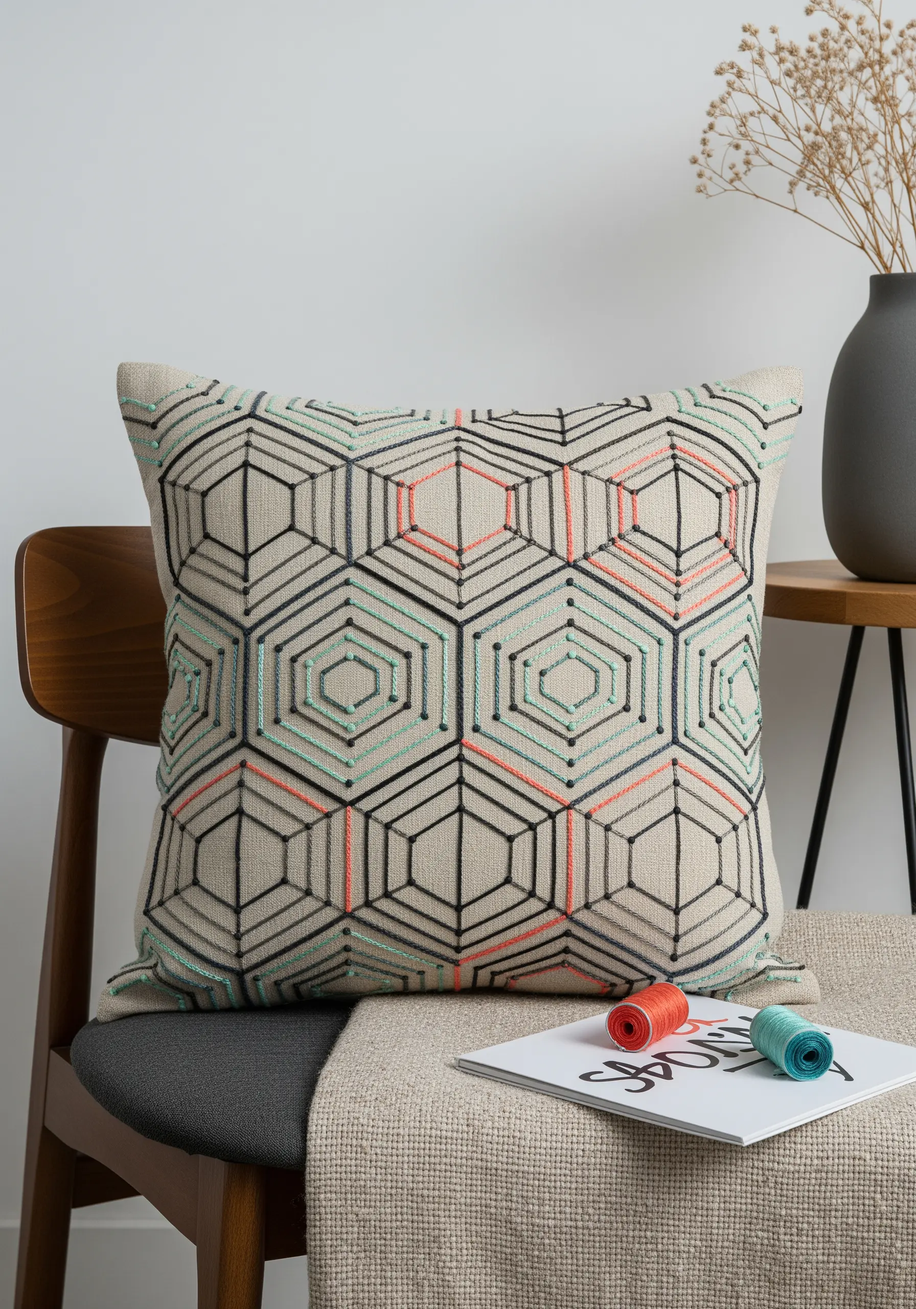 A geometric honeycomb pattern stitched in black, teal, and coral thread on a linen pillow.