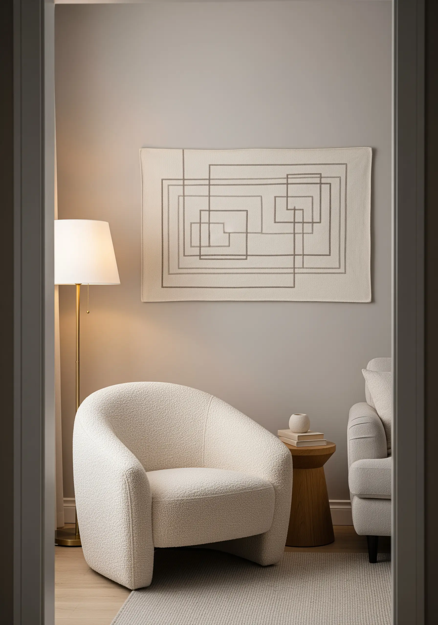 Minimalist geometric line art embroidery stretched over a canvas in a modern living room.
