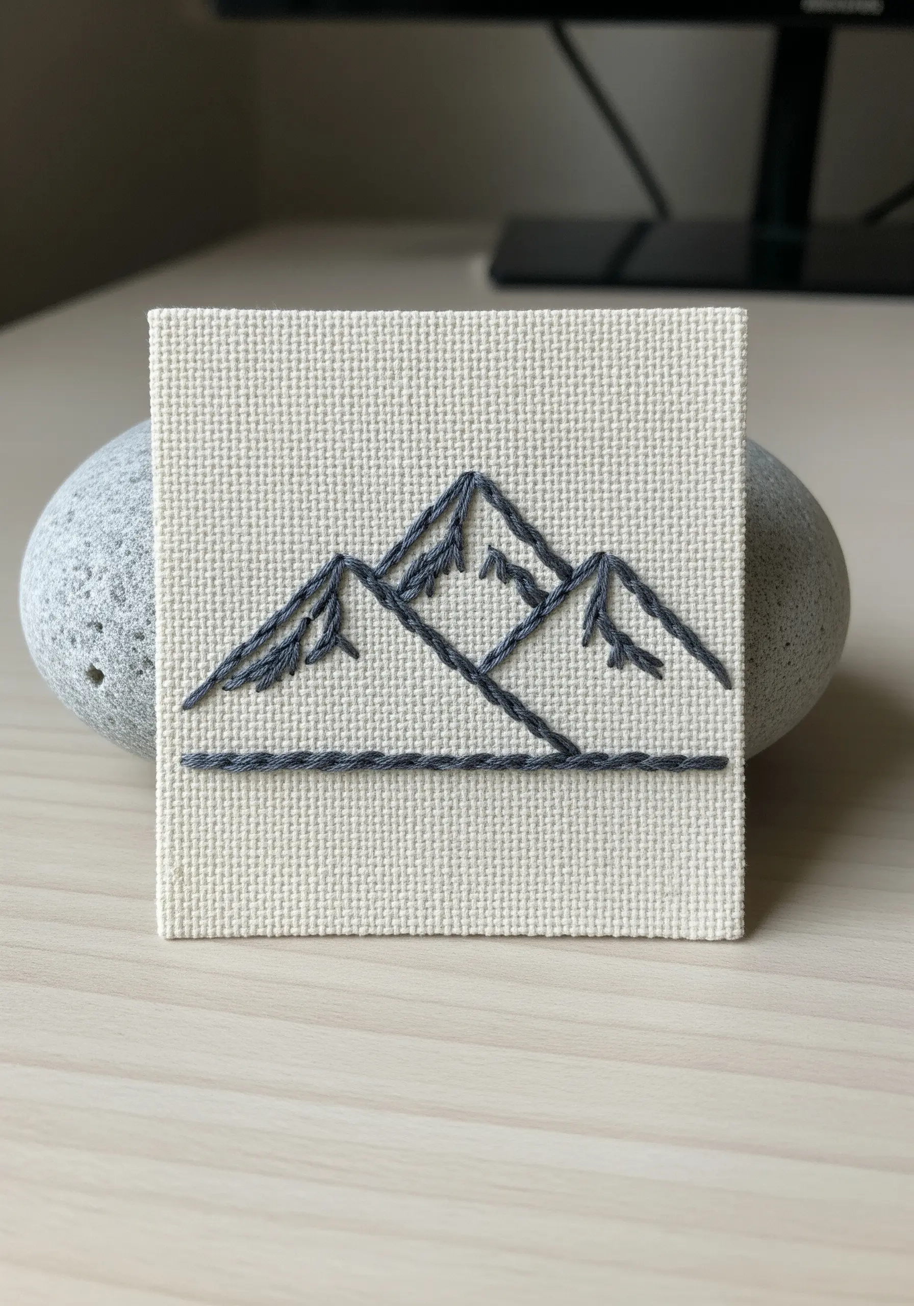 Minimalist mountain range outline in dark gray thread on a square of Aida cloth.