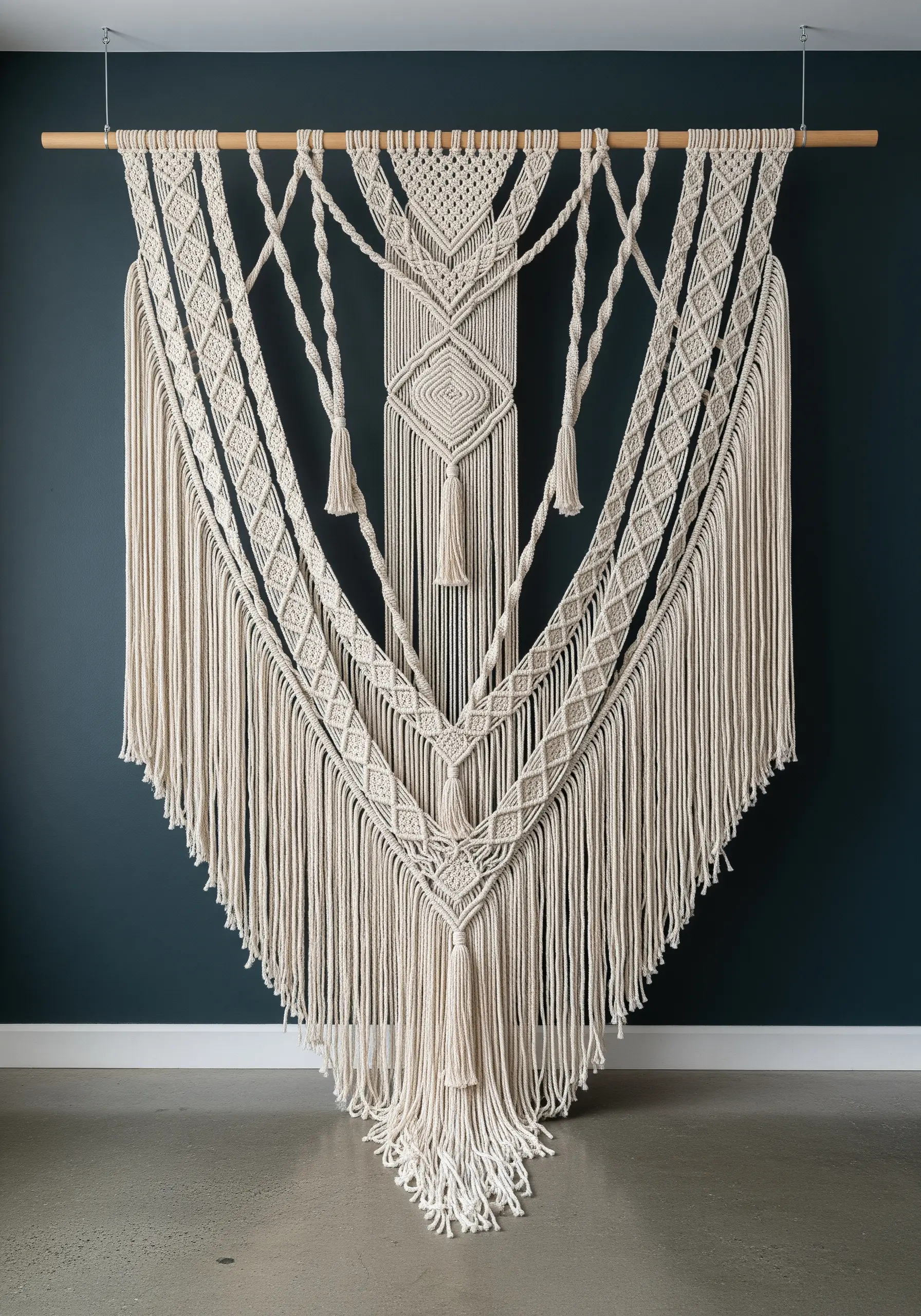 Large-scale symmetrical macramé wall hanging with tassels and diamond patterns.