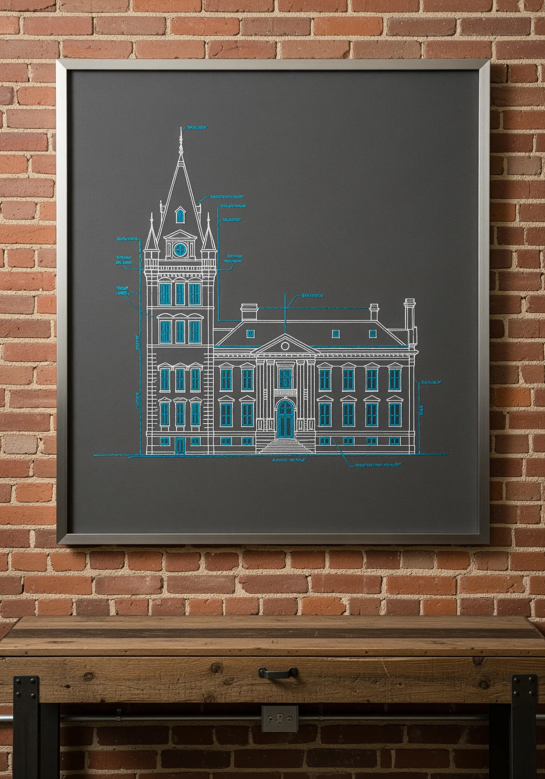 An architectural blueprint of a building embroidered with fine white and blue lines on grey fabric.