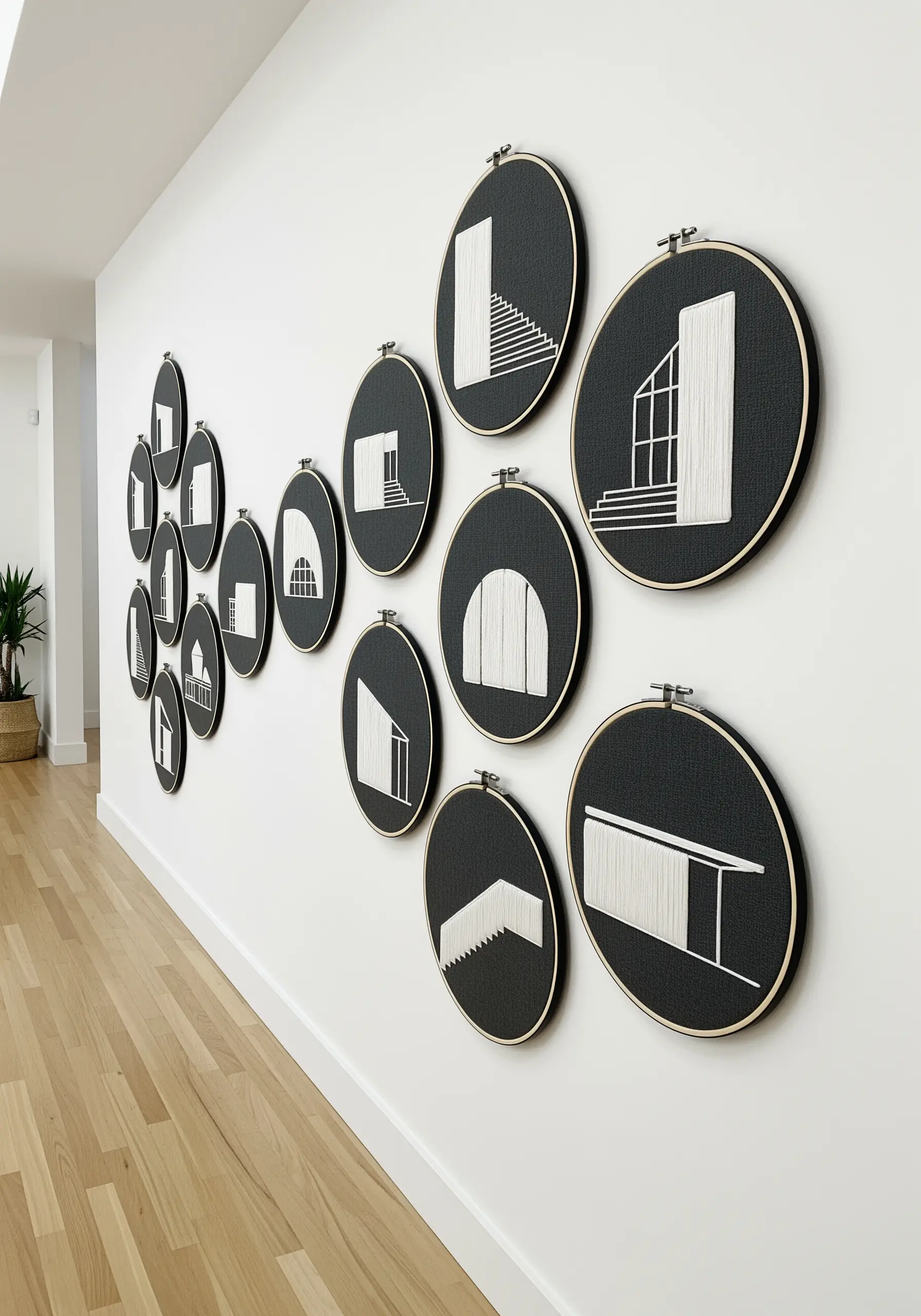 A collection of architectural embroidery in white thread on black fabric, creating sharp silhouettes.