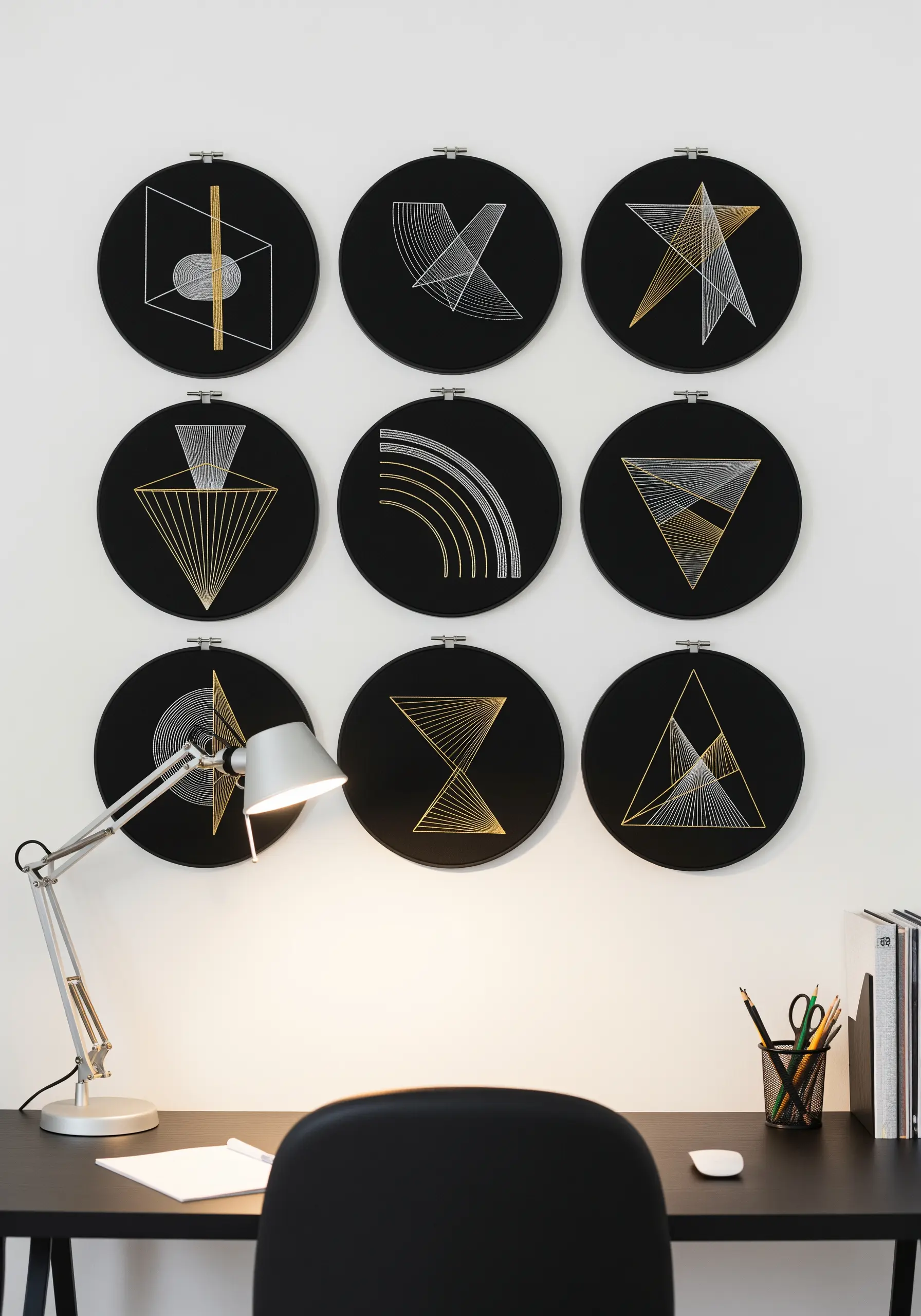 Geometric string art embroidery with metallic threads on black fabric in nine identical hoops.