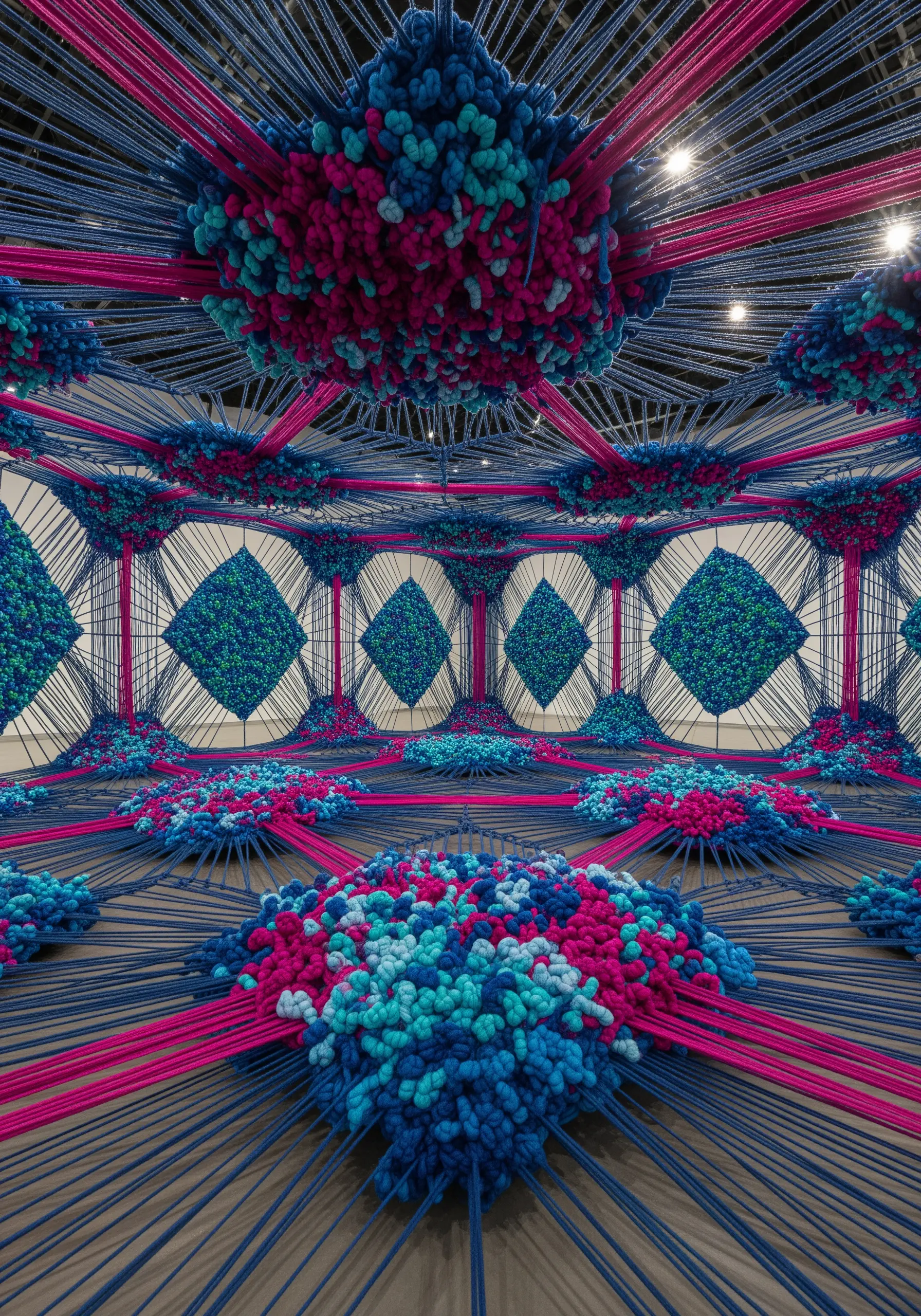 A room-scale fiber art installation with stretched yarn and chunky, colorful knots.