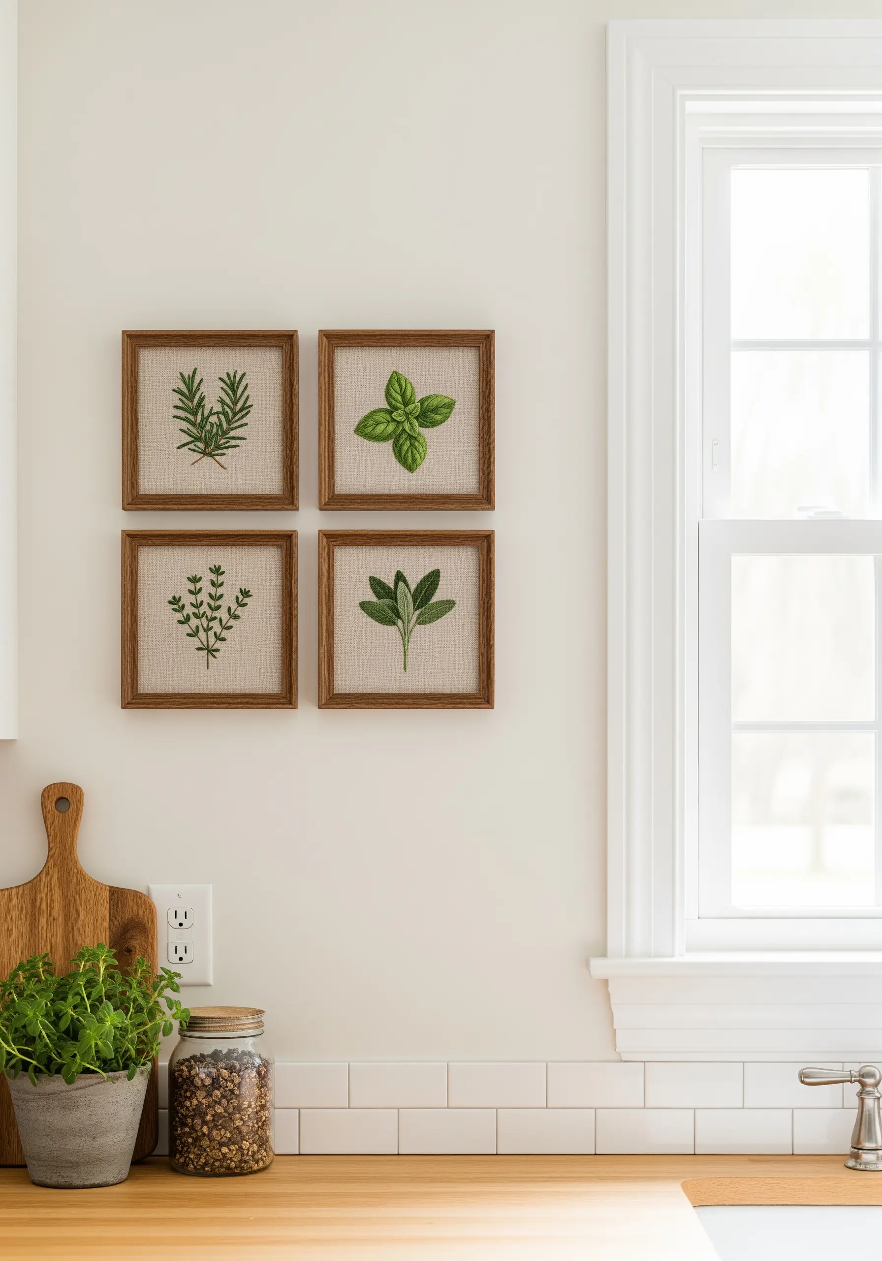 Four framed embroideries of herbs—rosemary, basil, thyme, and sage—in a square grid.