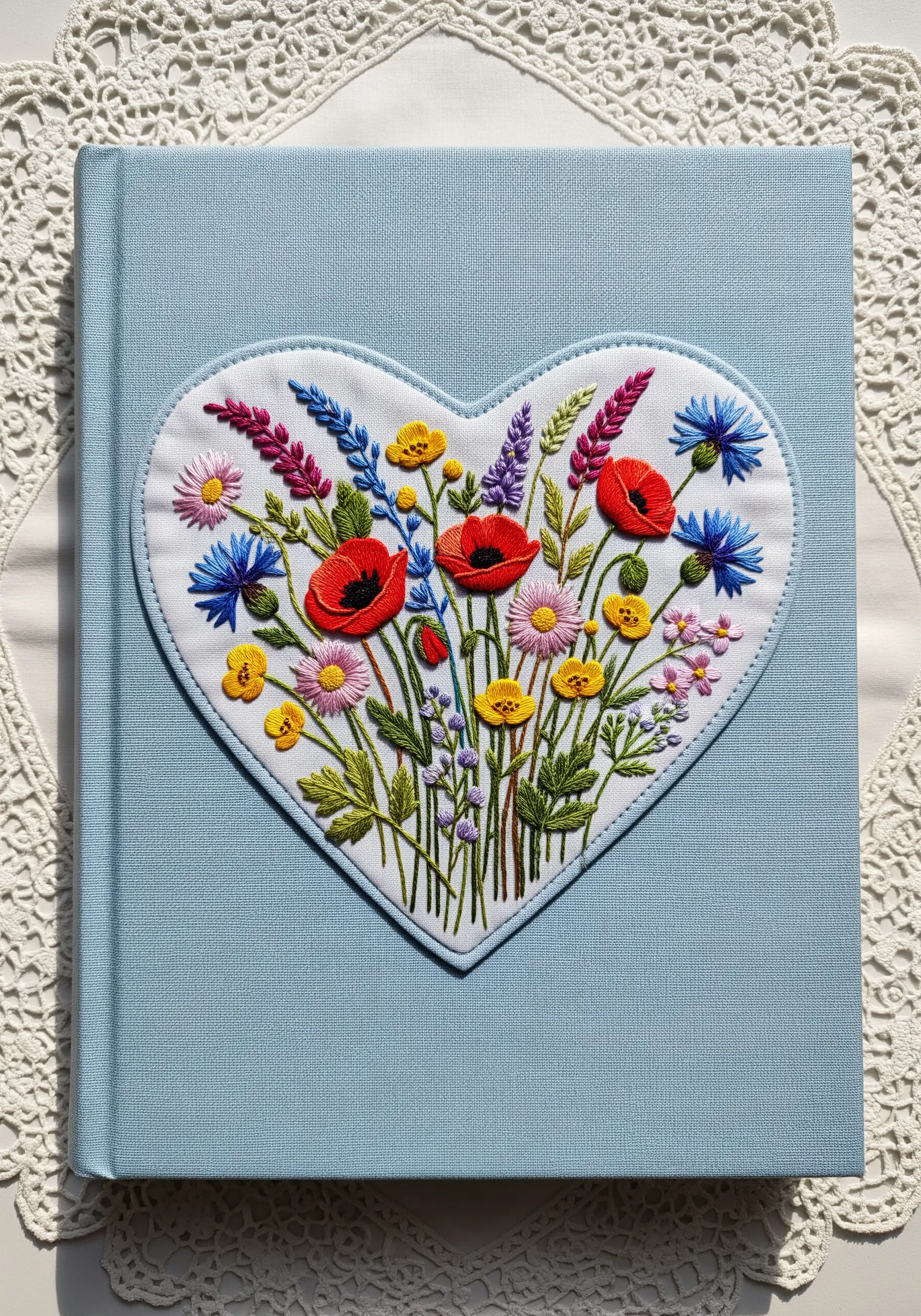 A heart-shaped embroidered patch filled with a dense bouquet of colorful wildflowers.