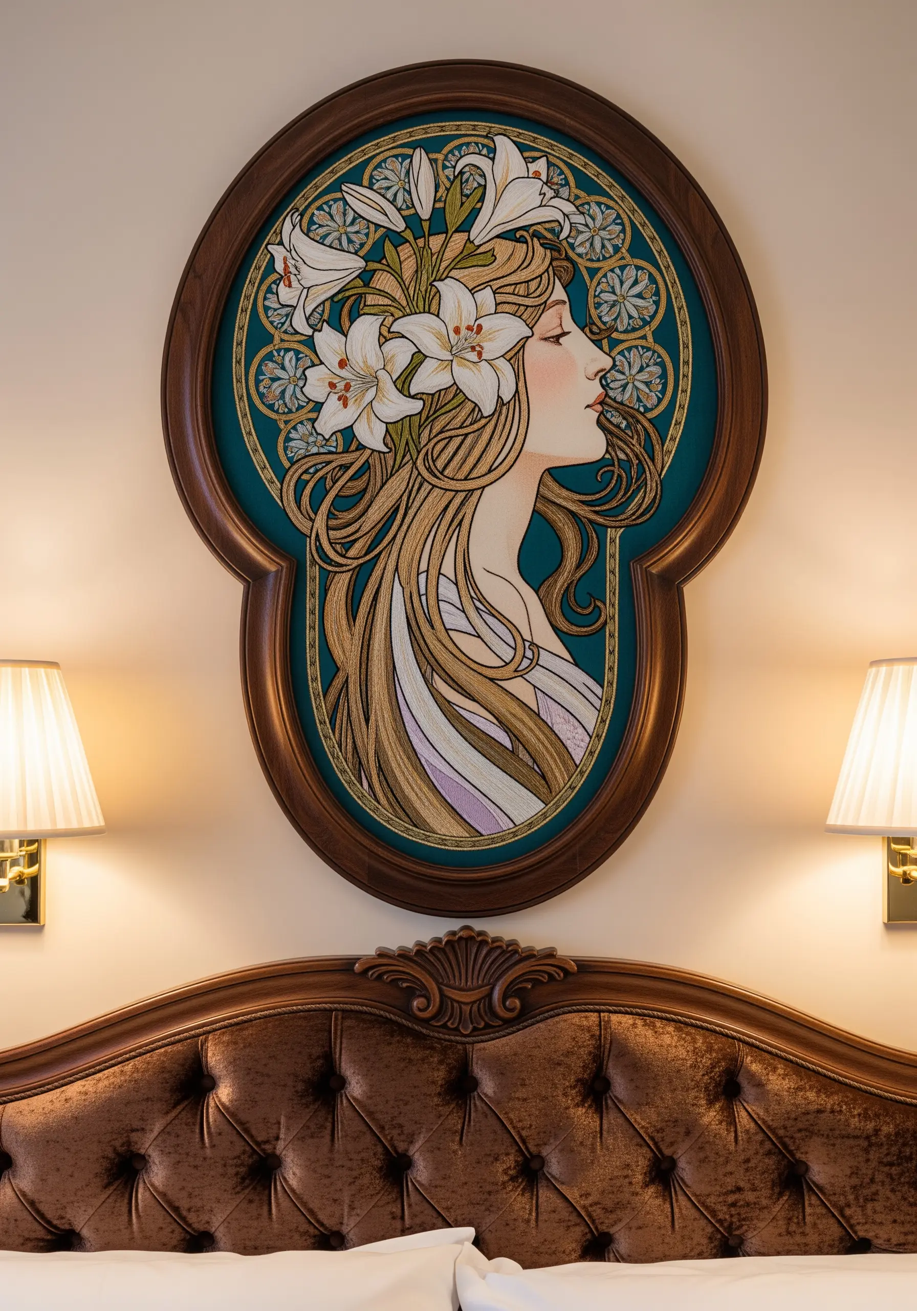 An Art Nouveau-style embroidered portrait of a woman with lilies in her hair.