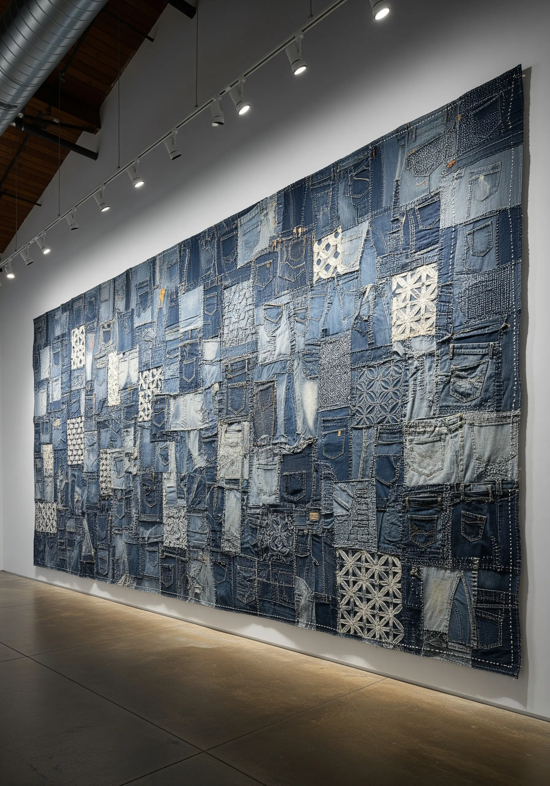 A massive wall tapestry made from hundreds of patchwork denim squares with Sashiko stitching.