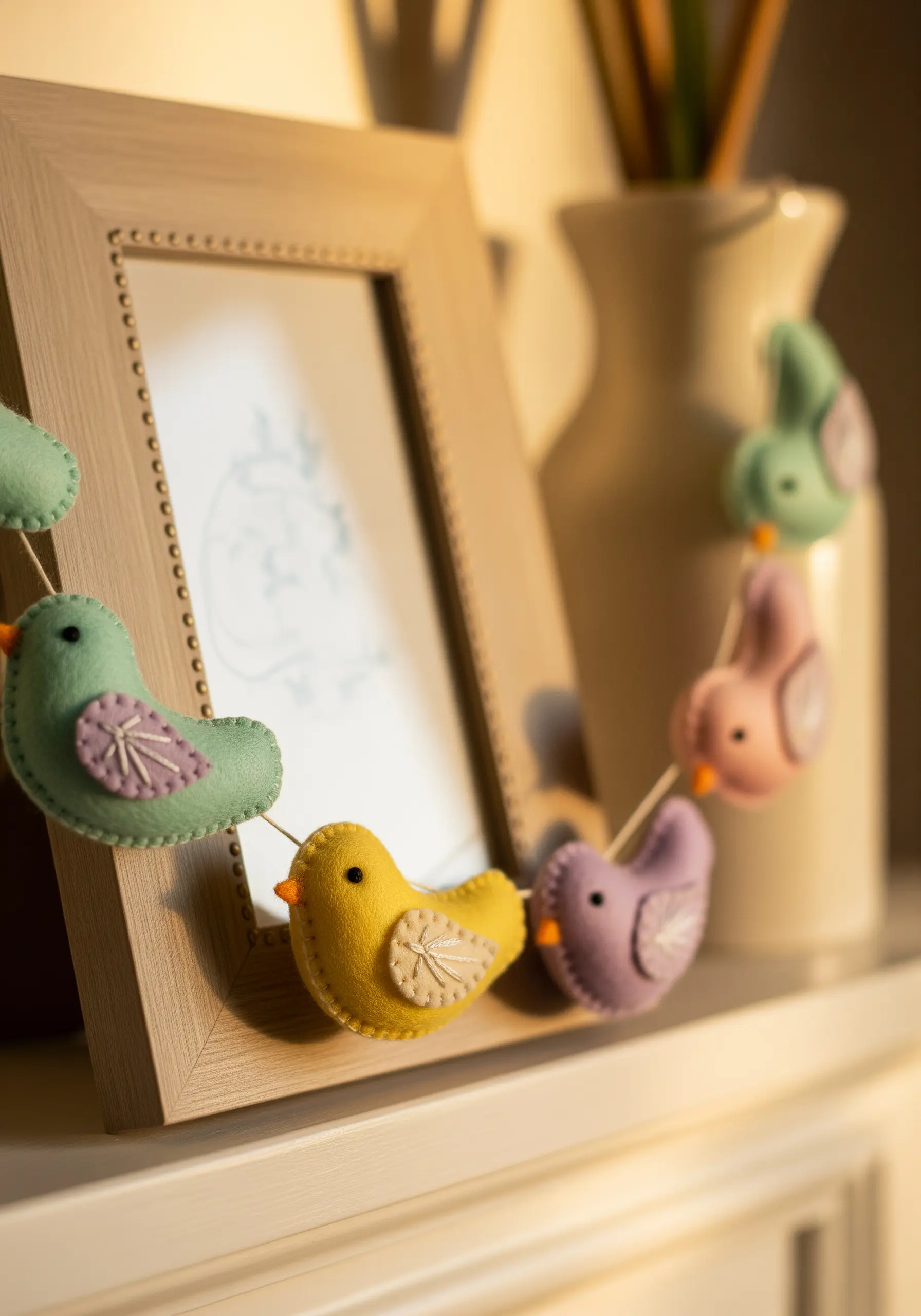 A garland of small, pastel-colored felt birds draped over a picture frame.
