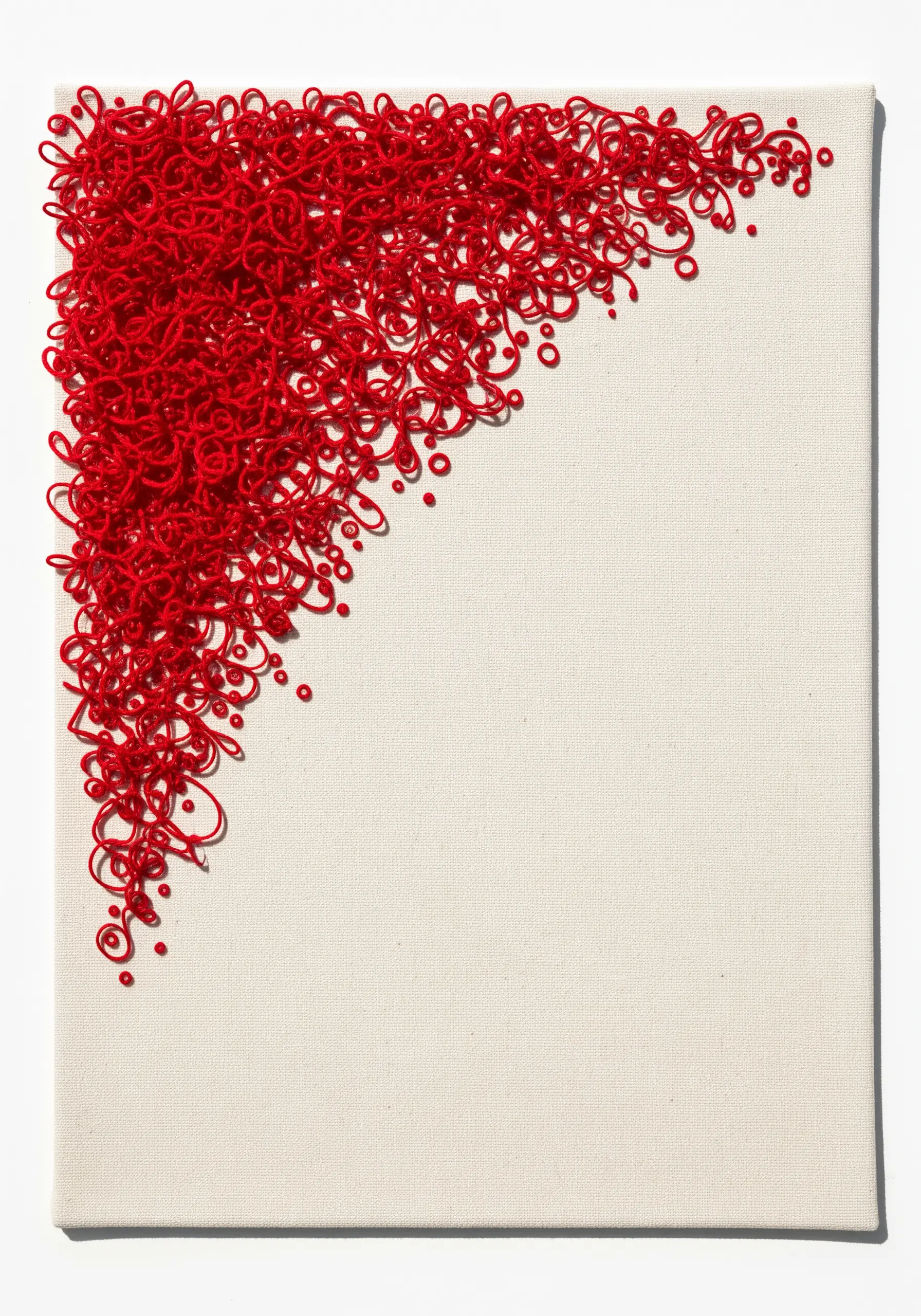 A dense tangle of sculptural red thread occupying the top corner of a blank canvas.