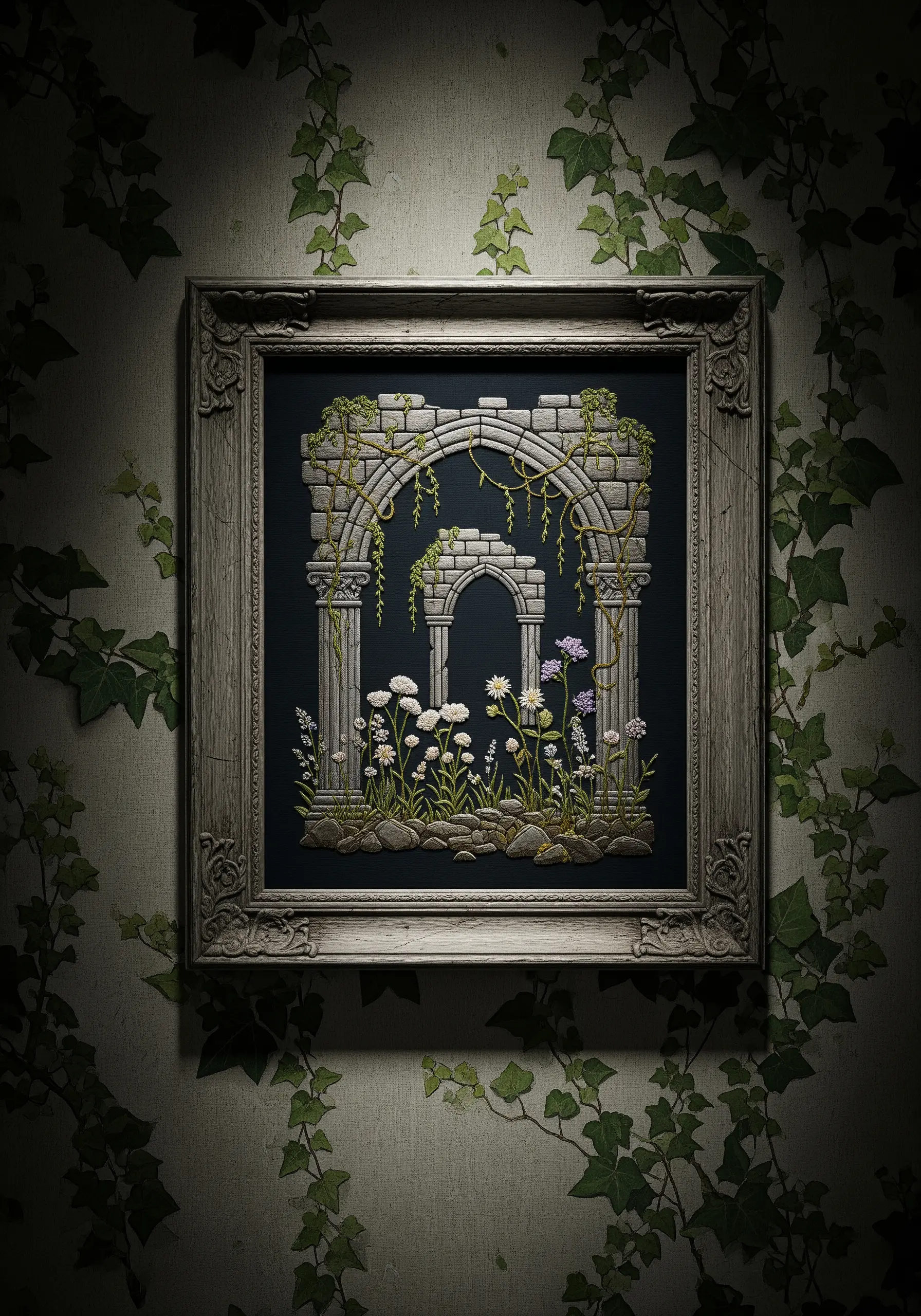 Embroidery of a ruined stone archway overgrown with ivy and wildflowers on dark fabric.