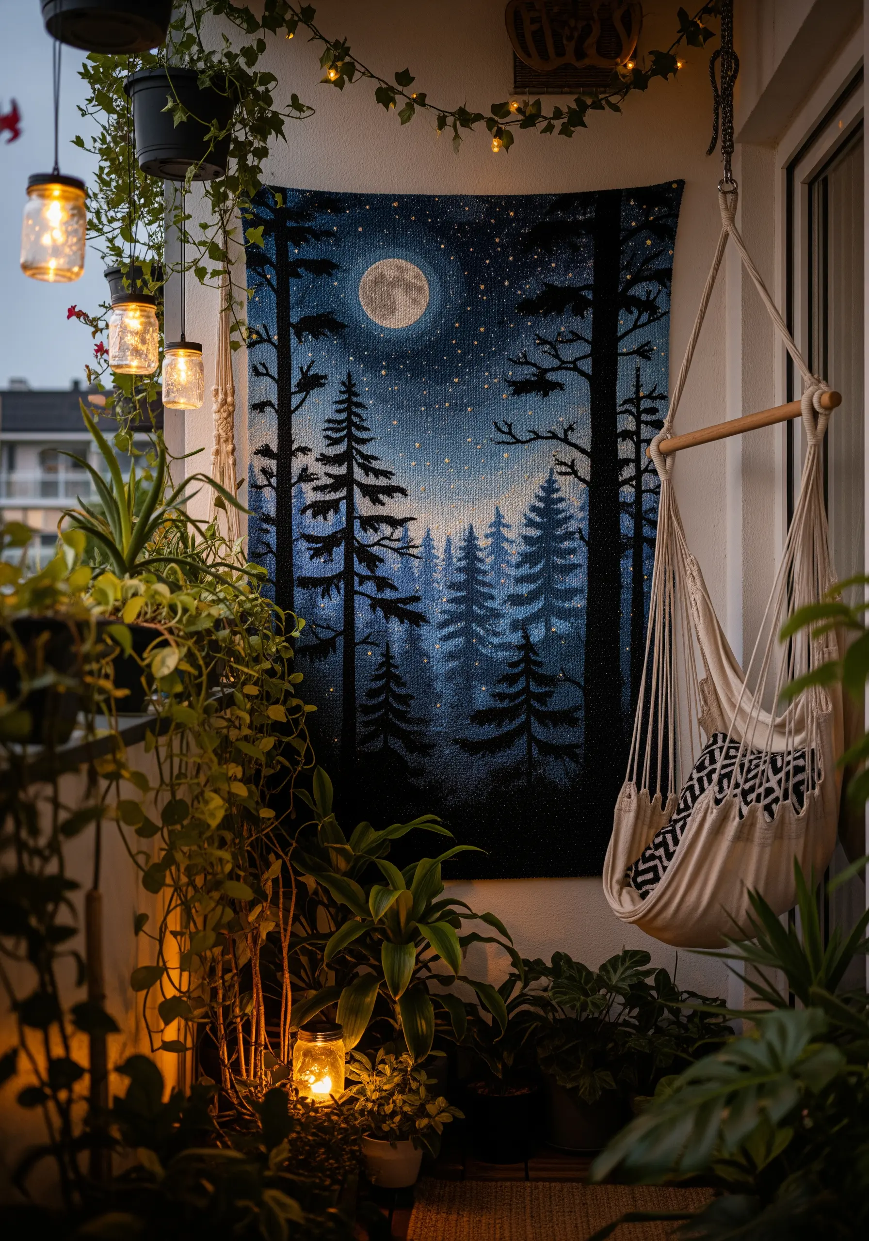 A large embroidered tapestry of a moonlit forest scene in a cozy balcony nook.
