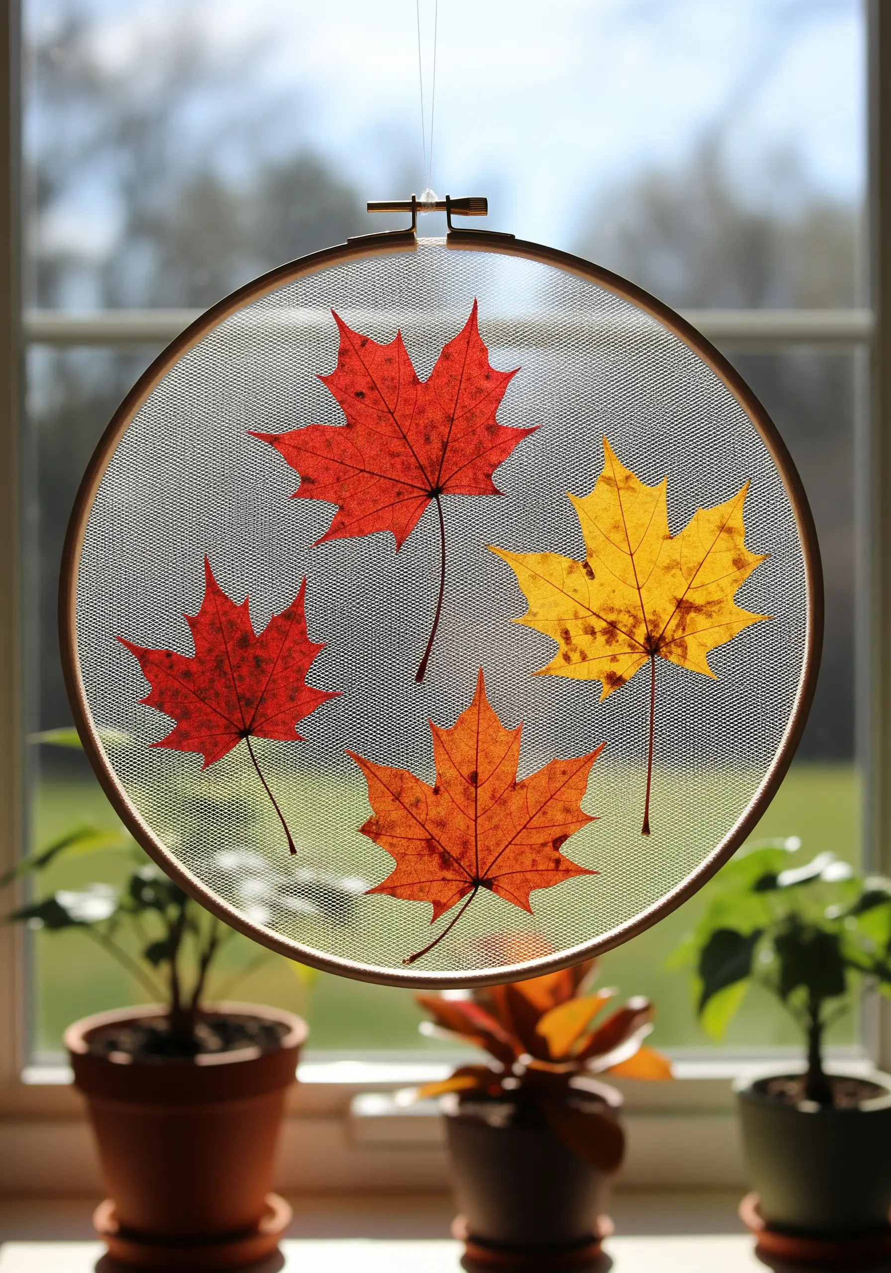 Pressed red, orange, and yellow maple leaves arranged in an embroidery hoop with a mesh screen.