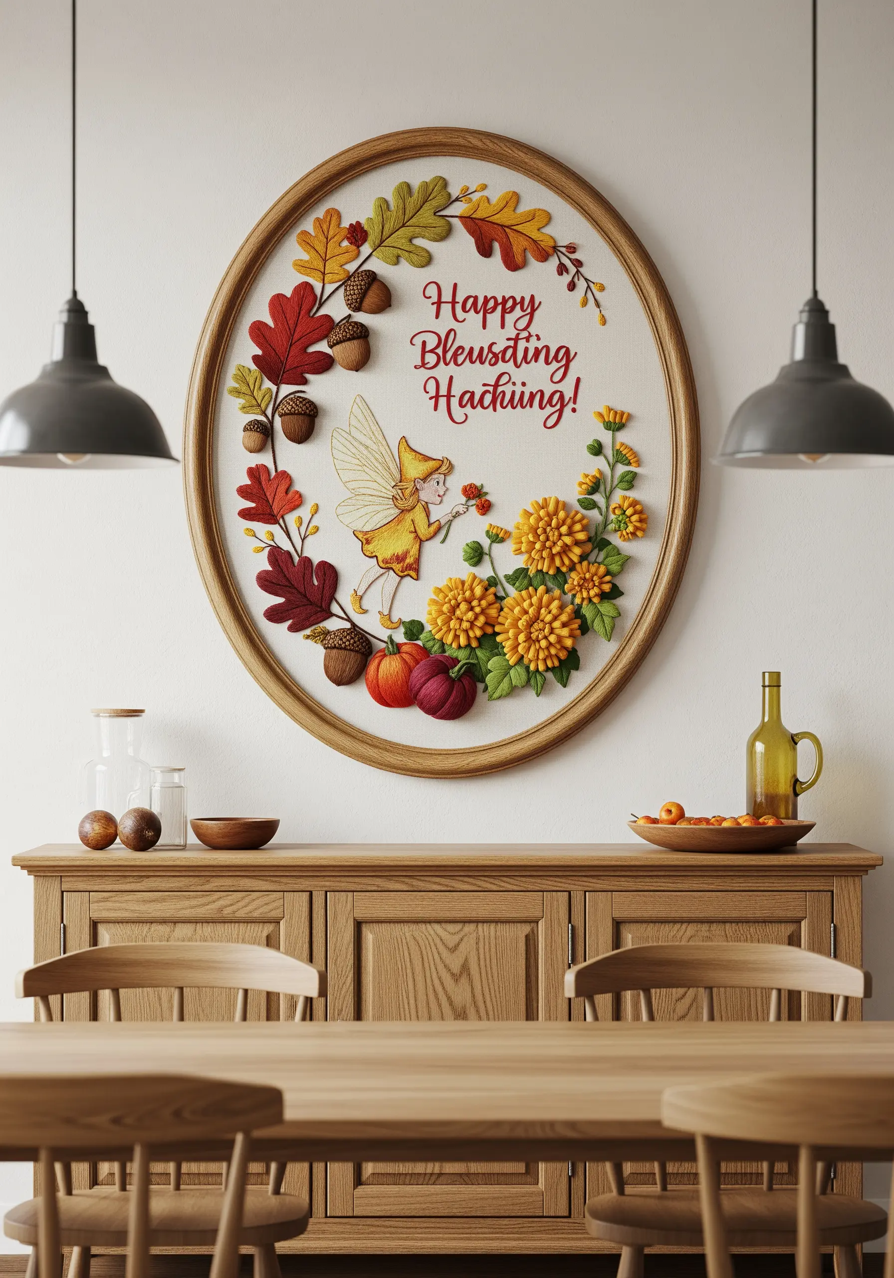 Oval embroidery of an autumn wreath with a fairy, 3D leaves, acorns, and pumpkins.