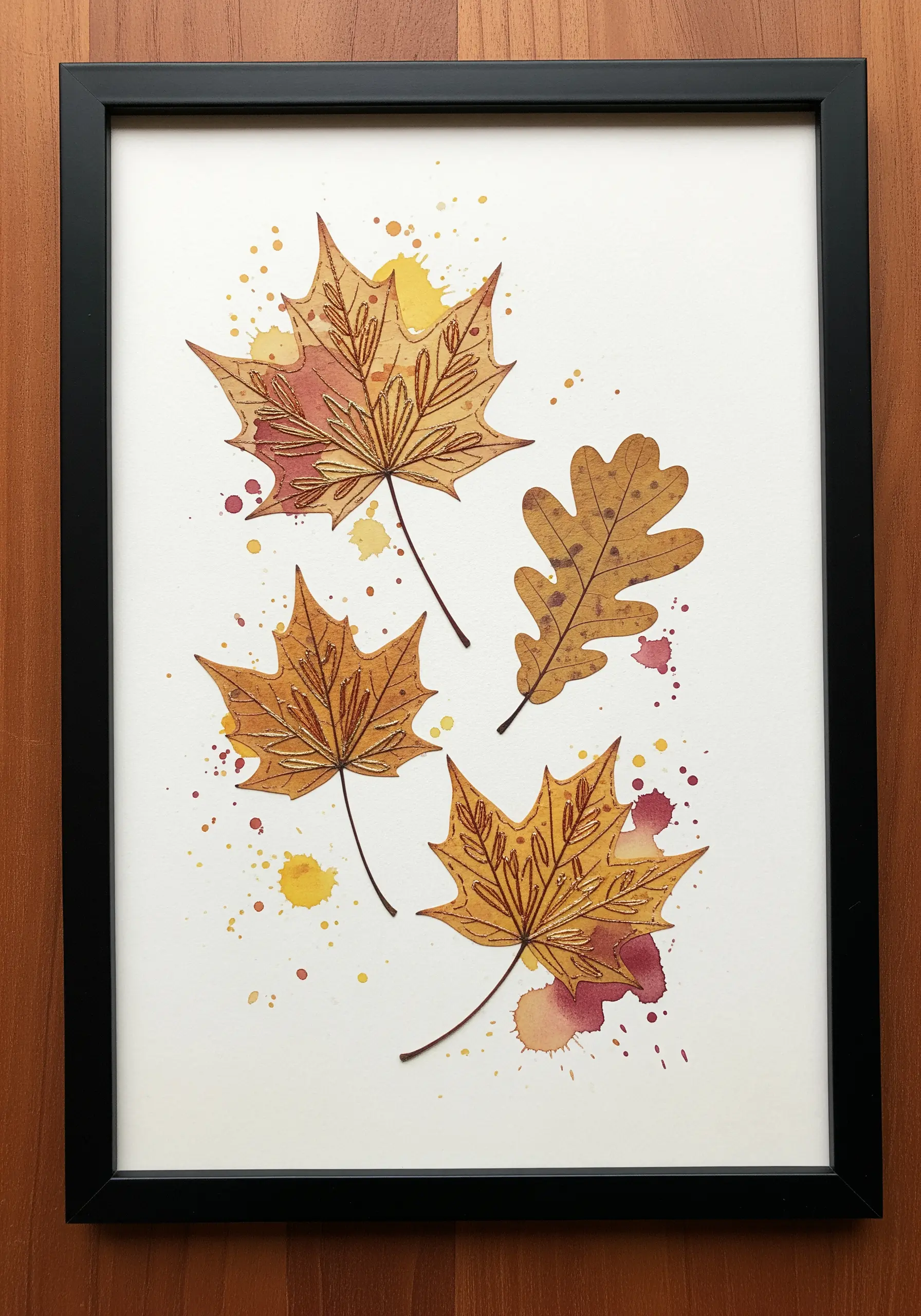 Embroidered autumn leaves on watercolor paper with abstract paint splatters in the background.