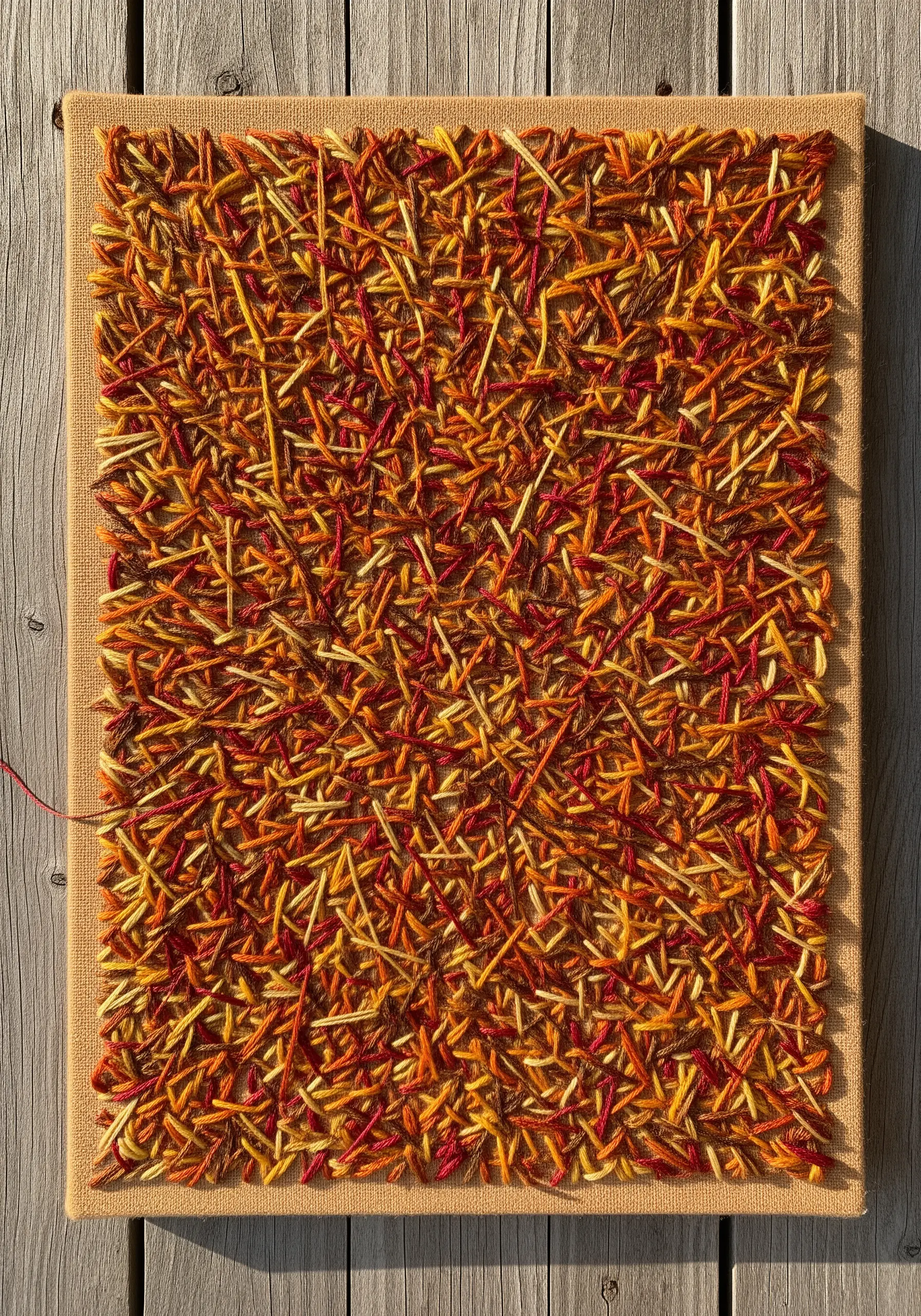 A canvas covered in dense, short stitches in autumnal shades of red, orange, and yellow.