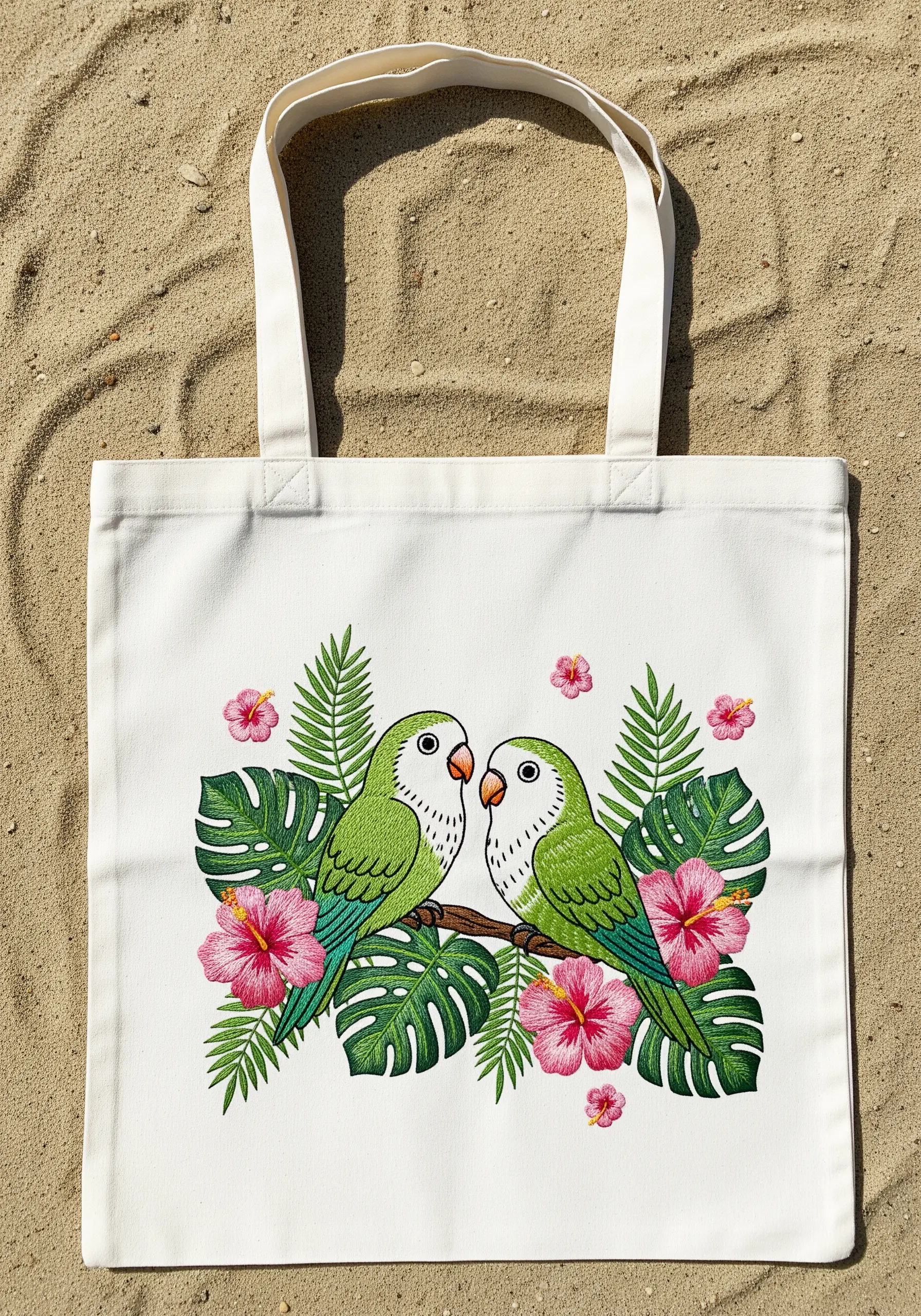 Two green lovebirds surrounded by embroidered monstera leaves and pink hibiscus flowers.