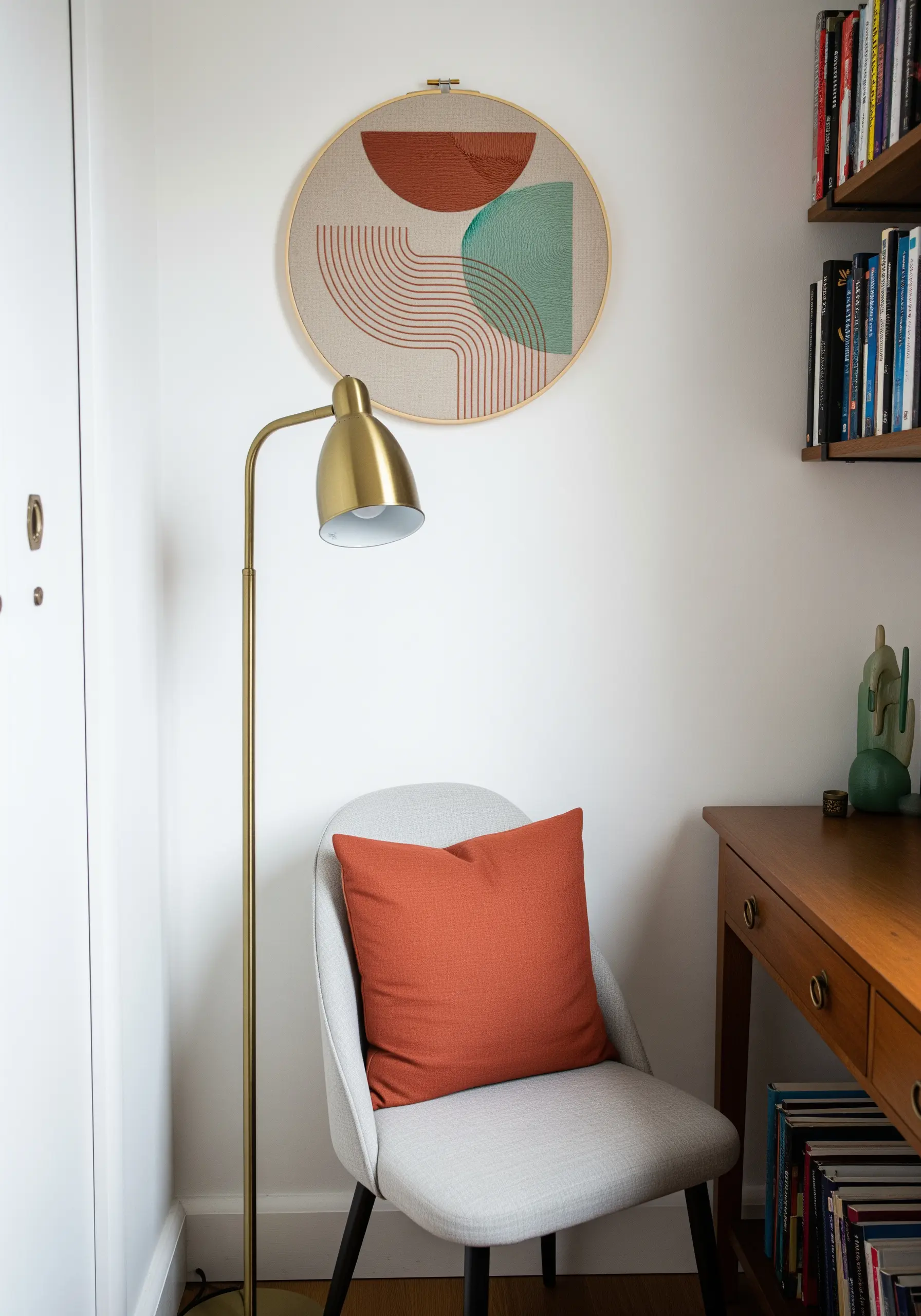 Minimalist embroidery hoop with abstract terracotta and teal shapes layered with fine red lines.