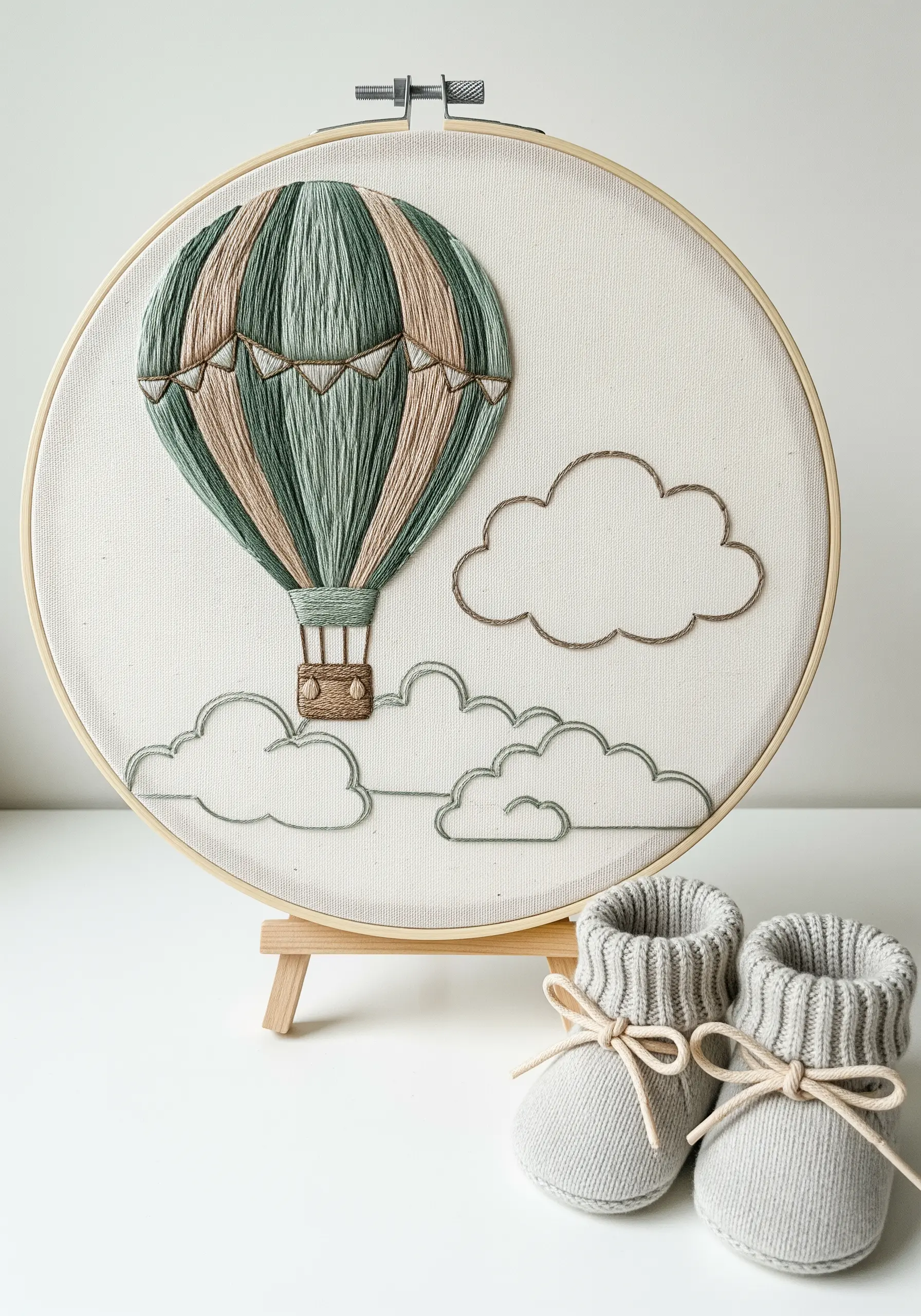A satin-stitched hot air balloon in muted tones next to simple cloud outlines.