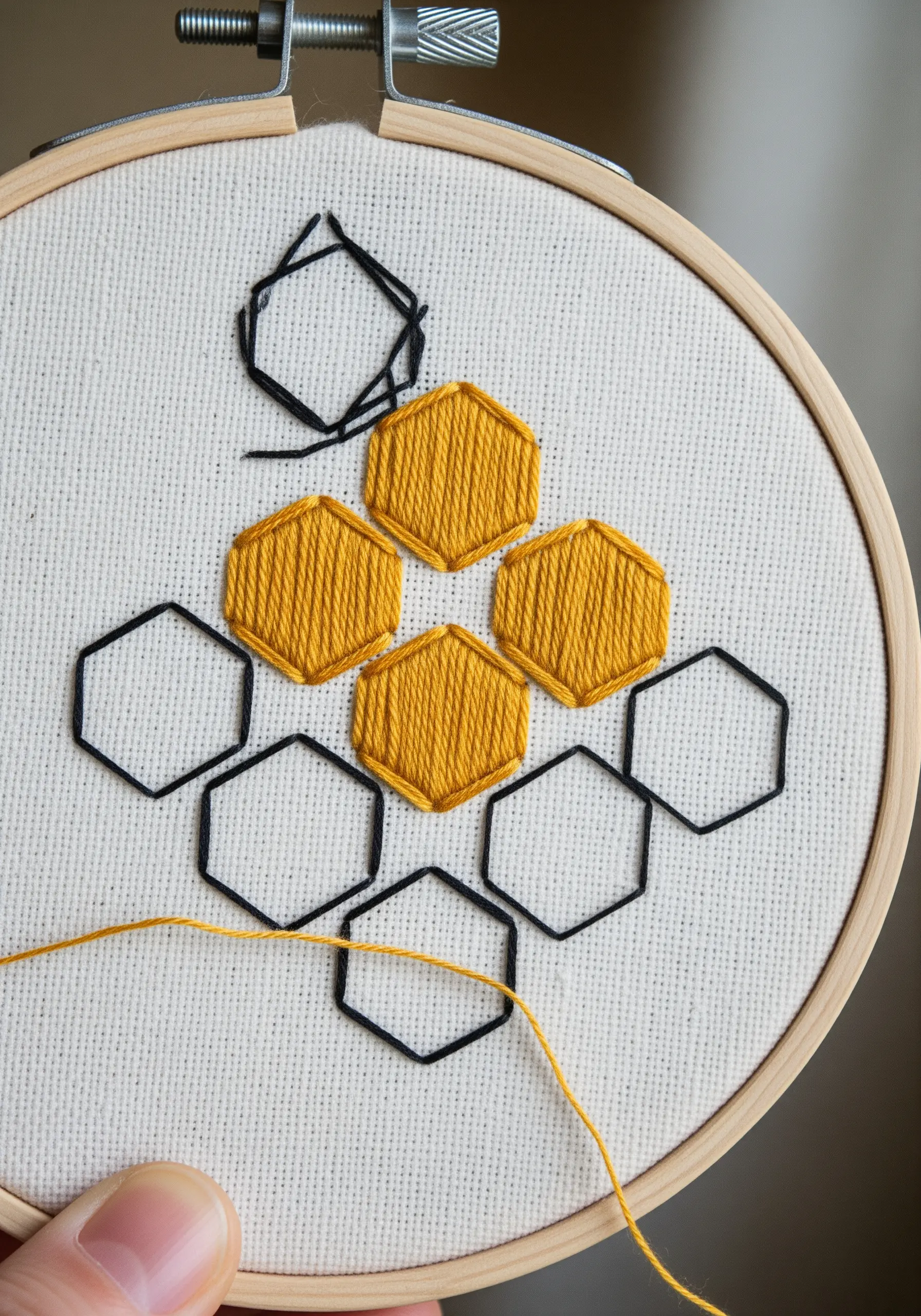 A geometric honeycomb pattern with some hexagons filled with yellow satin stitch.