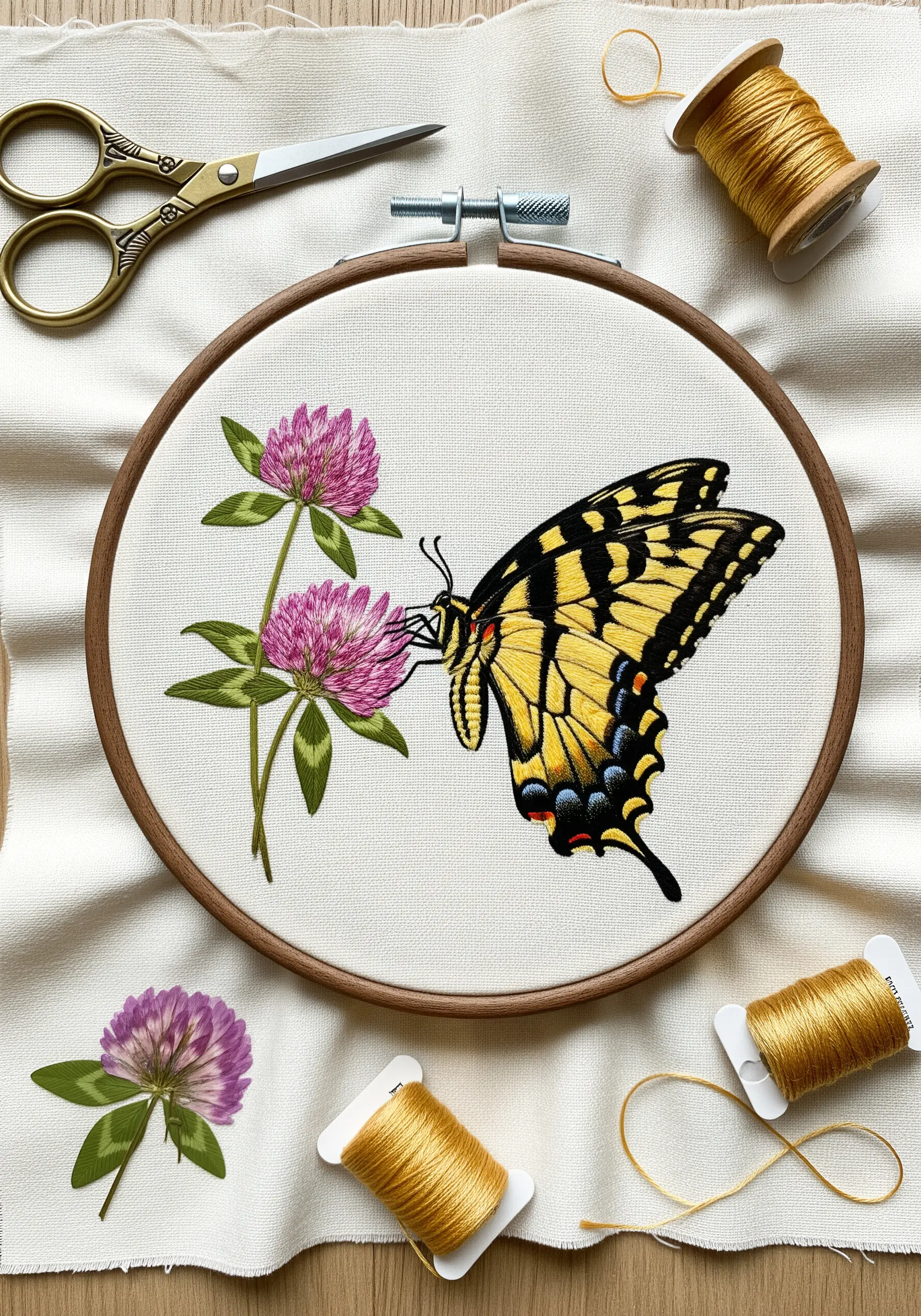 Detailed yellow swallowtail butterfly contrasted with simpler pink clover flowers.