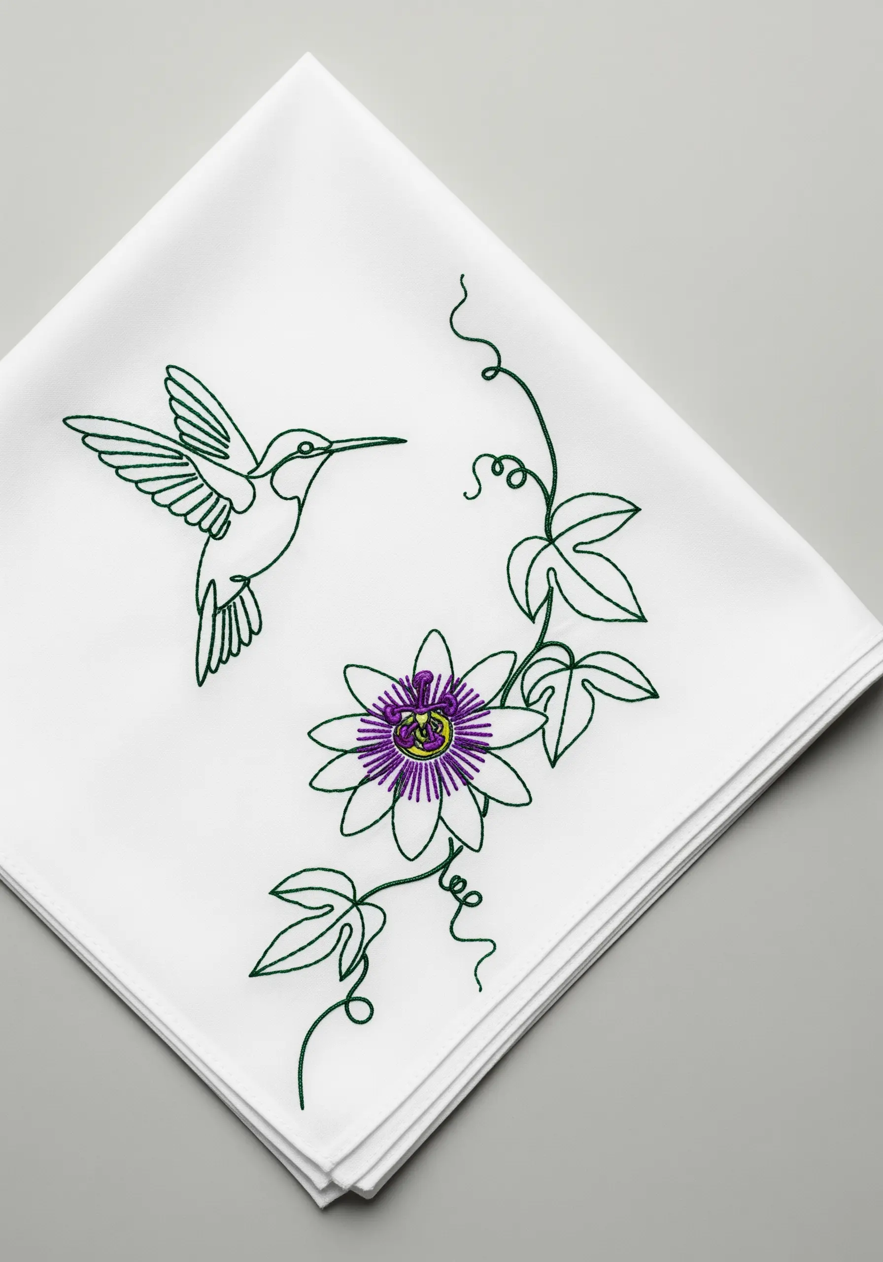 Line art hummingbird and passionflower with a pop of purple in the center.