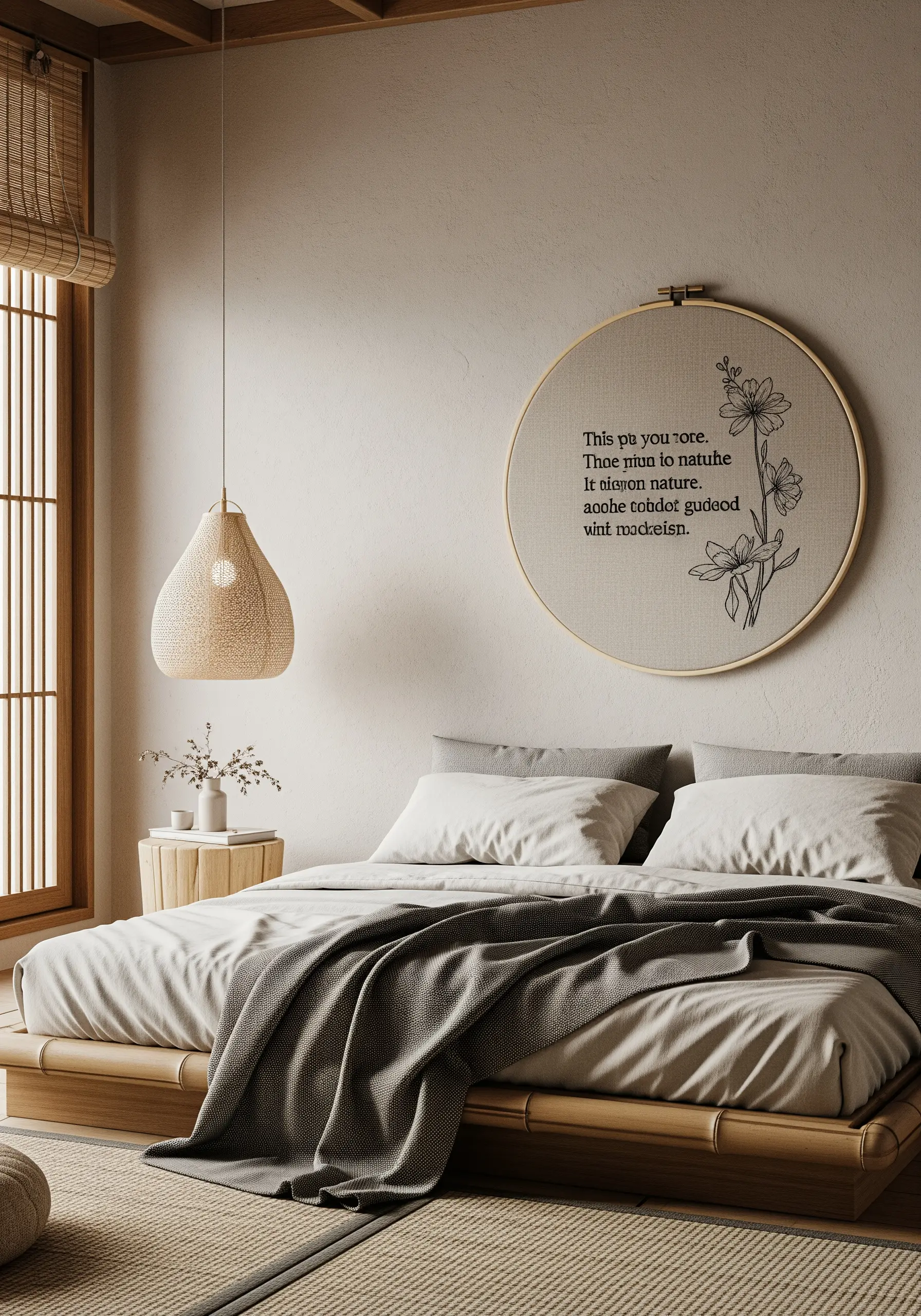 Minimalist black line-art flowers next to a quote on neutral fabric in a large hoop.