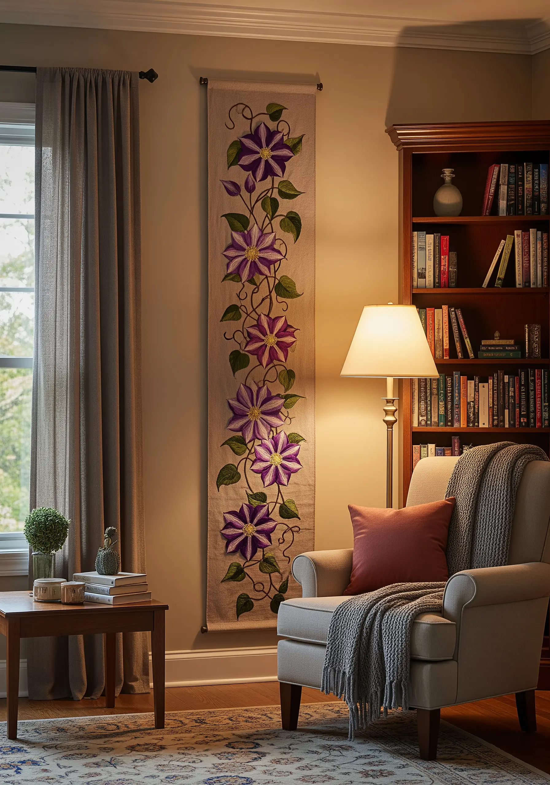 Long vertical wall hanging with embroidered purple and white clematis flowers.