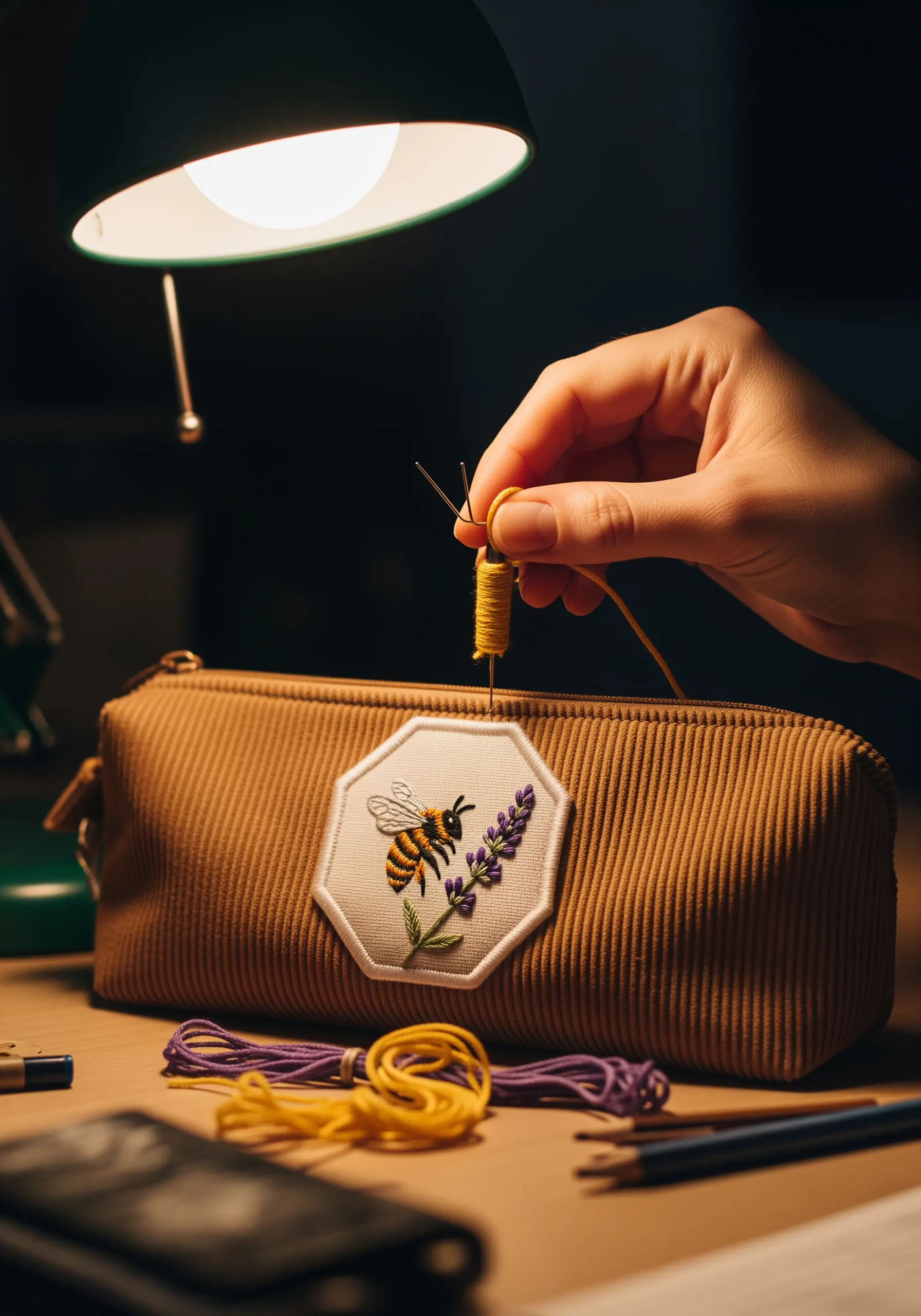 Hexagonal embroidered patch with a bee and lavender being sewn onto a corduroy pouch.