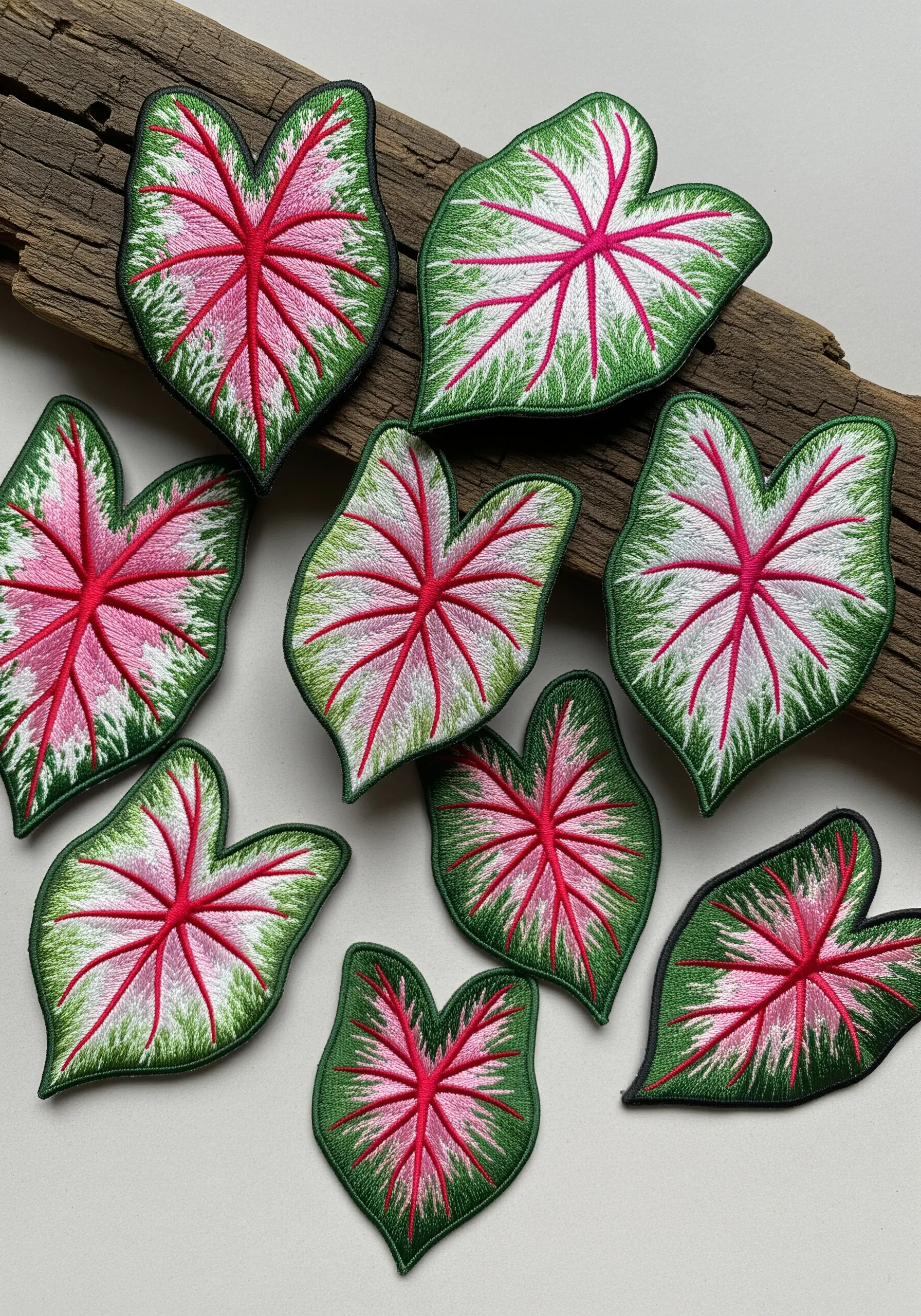 A collection of embroidered Caladium leaf patches with vibrant pink veins and green edges.