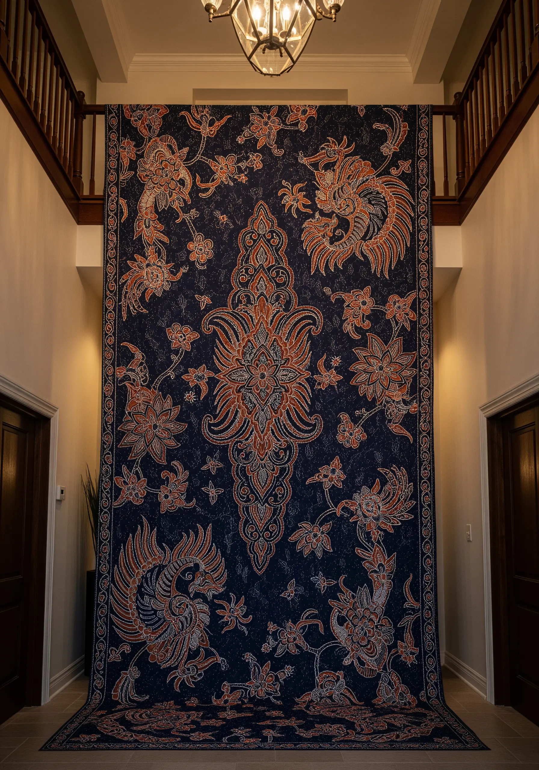 A large Indonesian Batik-style tapestry with intricate floral and dragon motifs.