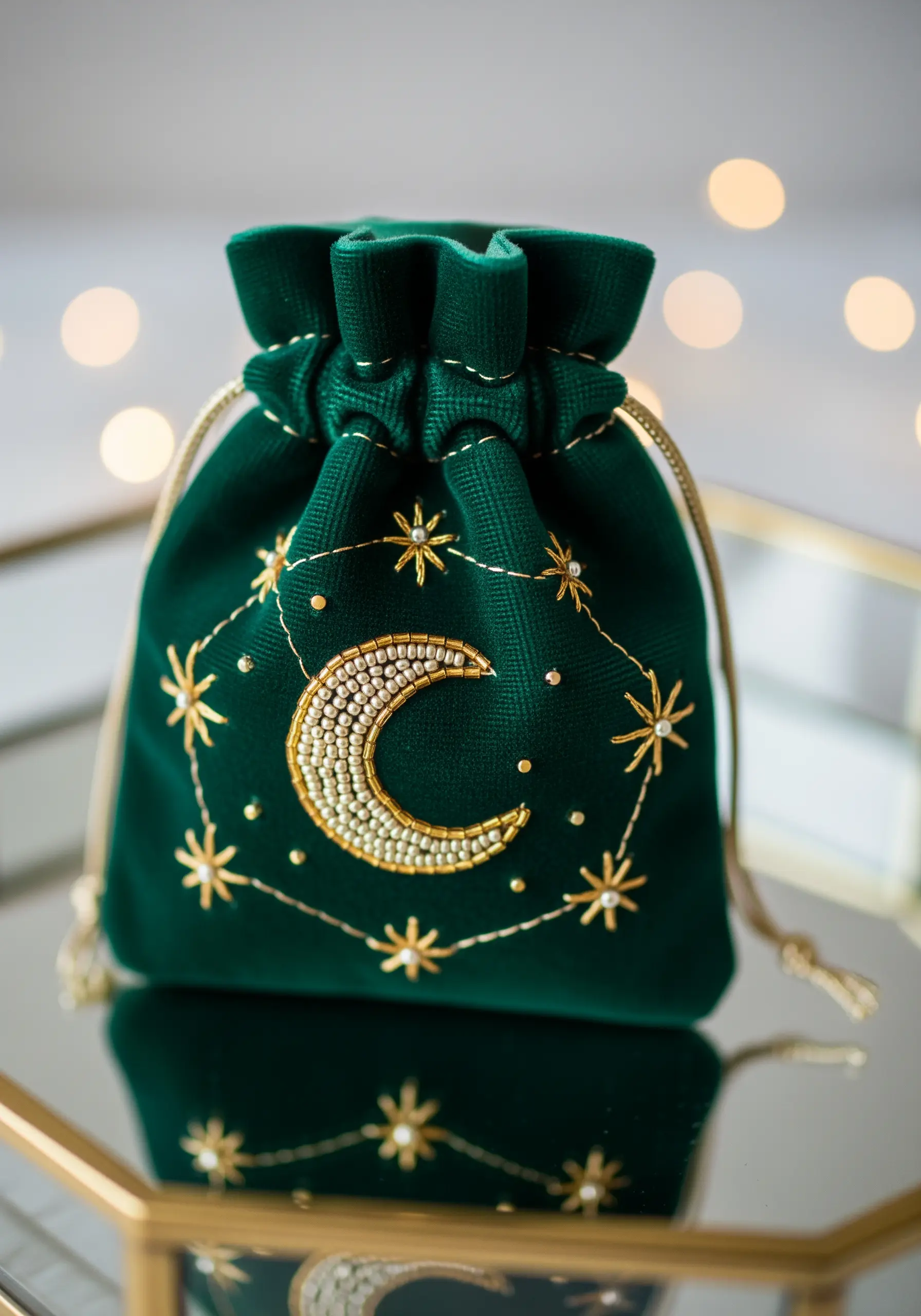 A crescent moon and stars embroidered with beads and metallic thread on a green velvet pouch